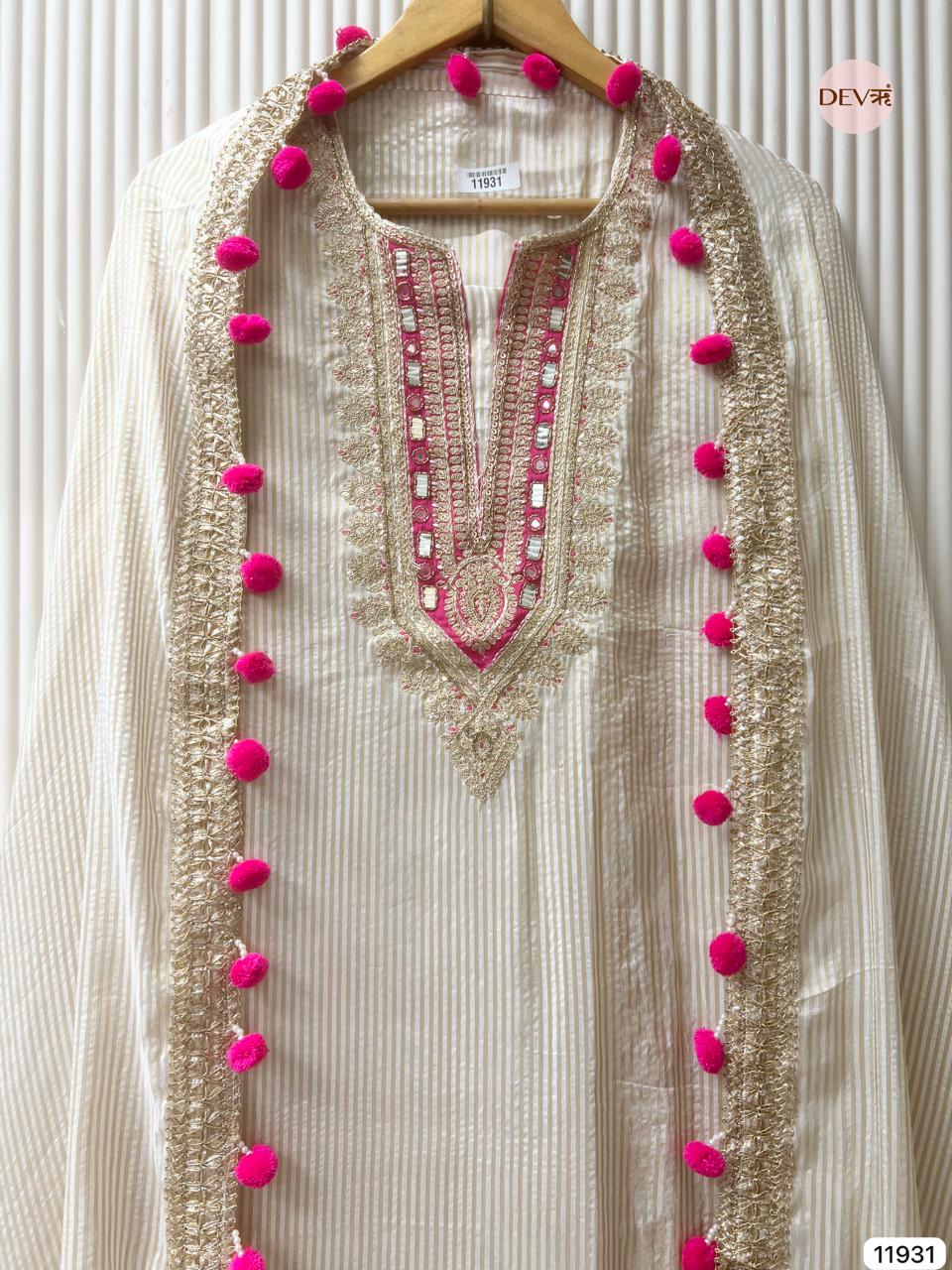 Cream Colour Tissue Shimmer Silk Unstitched Hand Embroidered -Set Of 3 - {11931}