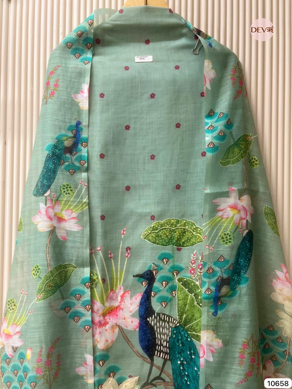 Sea Green Linen Printed Unstitched 3-Piece Suit (Devri – D.No 10658)