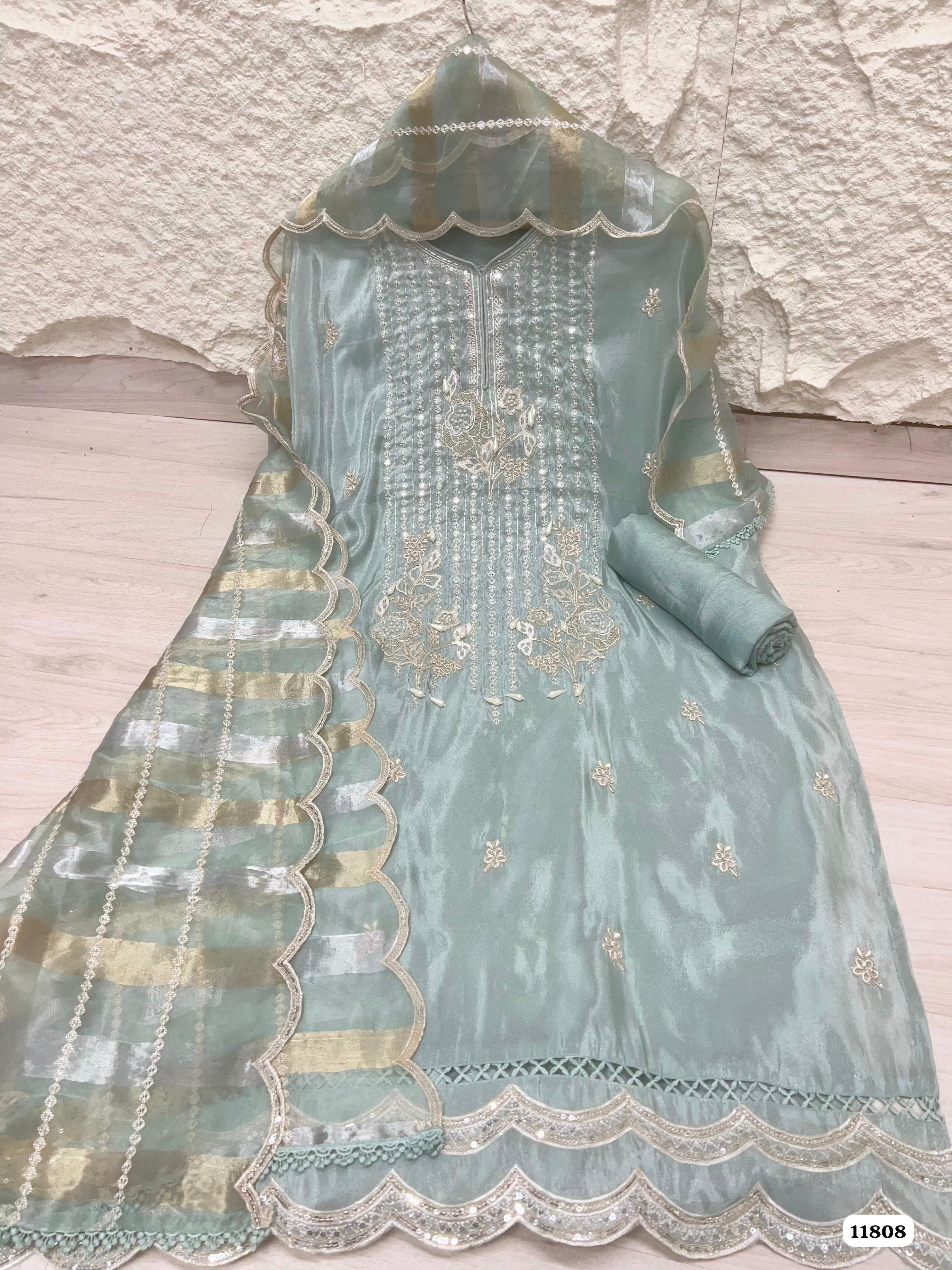 Ferozeah Tissue  Silk Unstitched Hand Embroidered -Set Of 3 {11808}