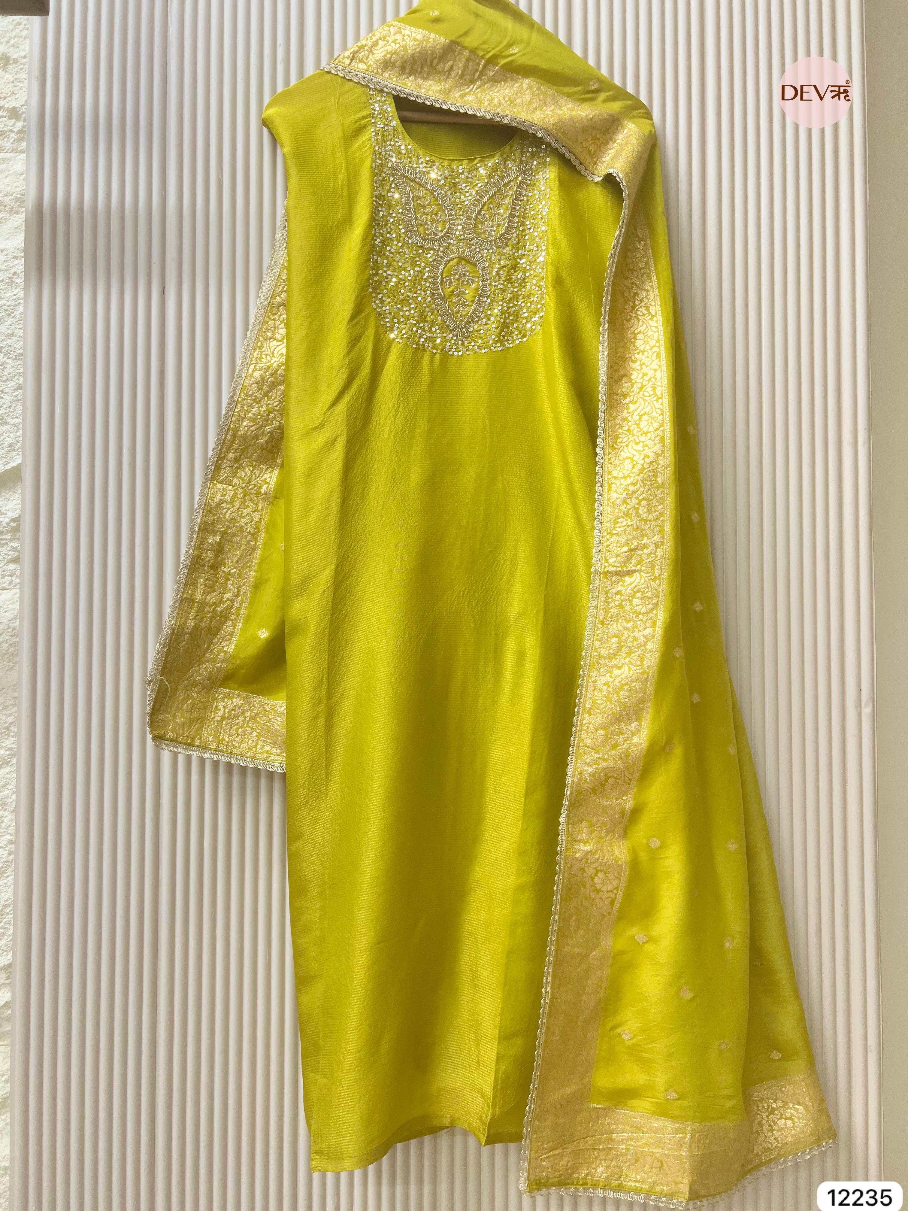 Lime Tissue Shimmer Silk Embroidered Unstitched 3-Piece Suit (Devri – D.No 12235)