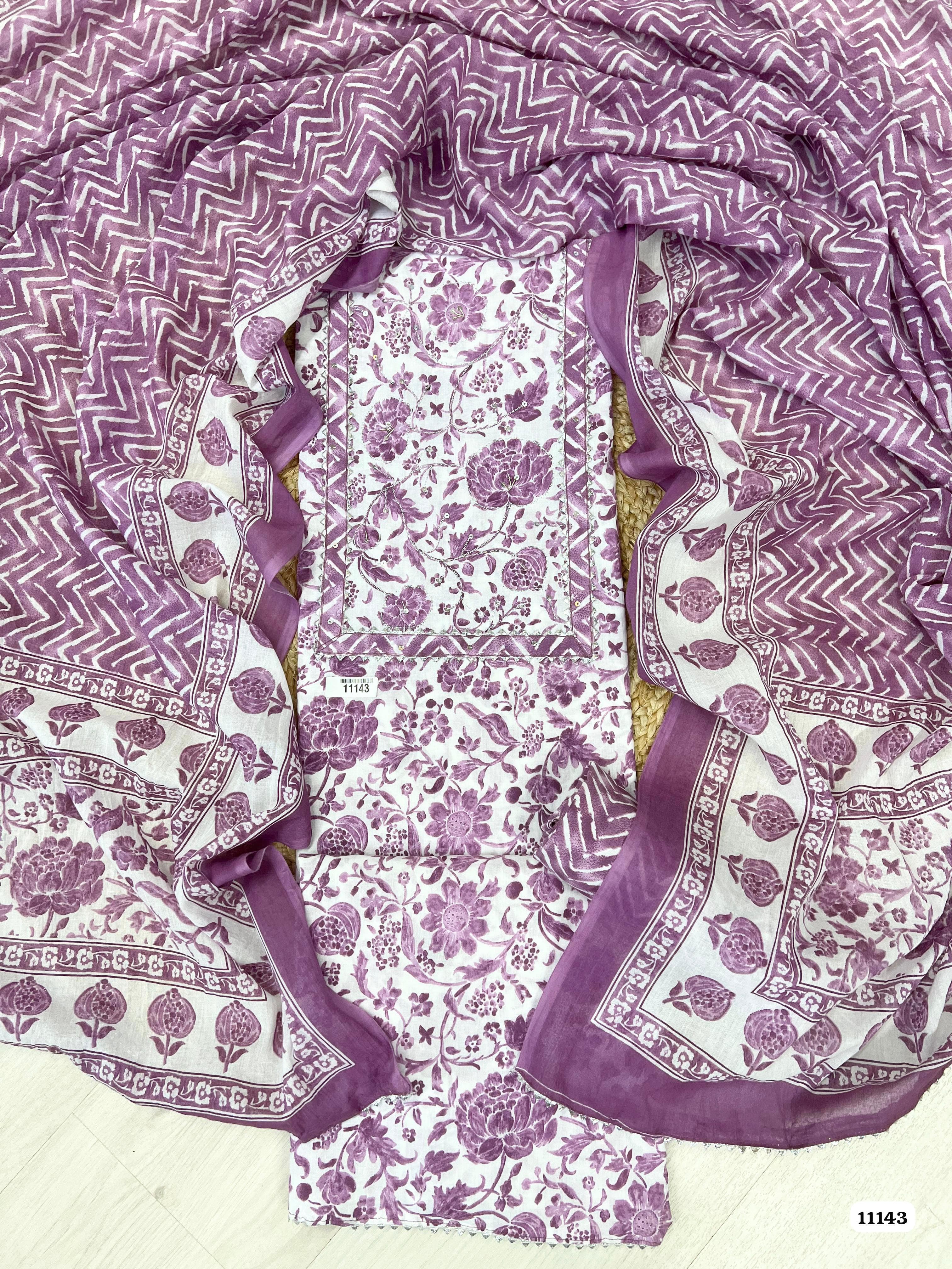 Purple Cotton Printed Unstitched Hand Embidered -Set Of 3 {11143}
