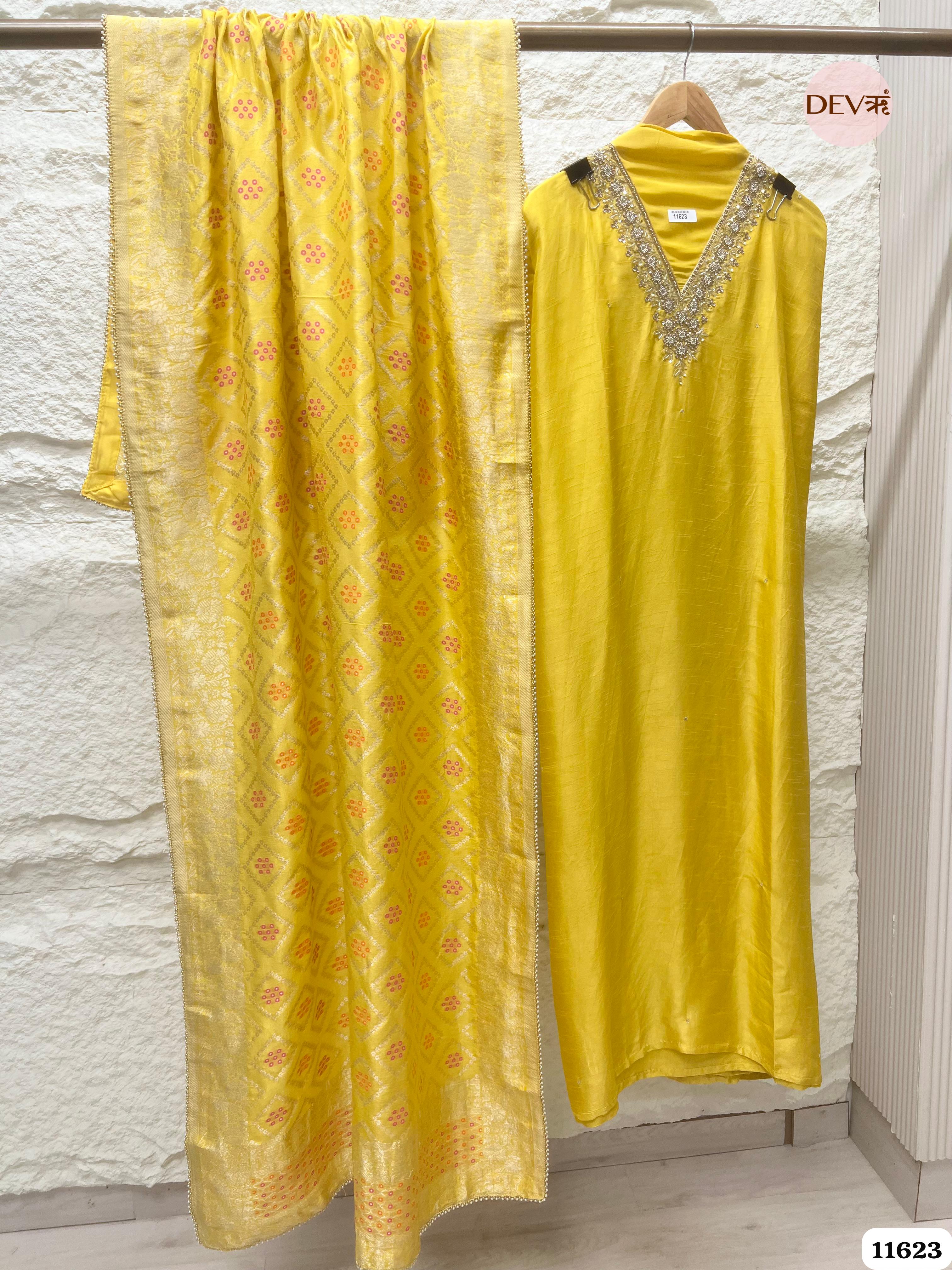 Yellow Pure Russian silk Unstitched Hand Embroidered -Set Of 3 {11623}