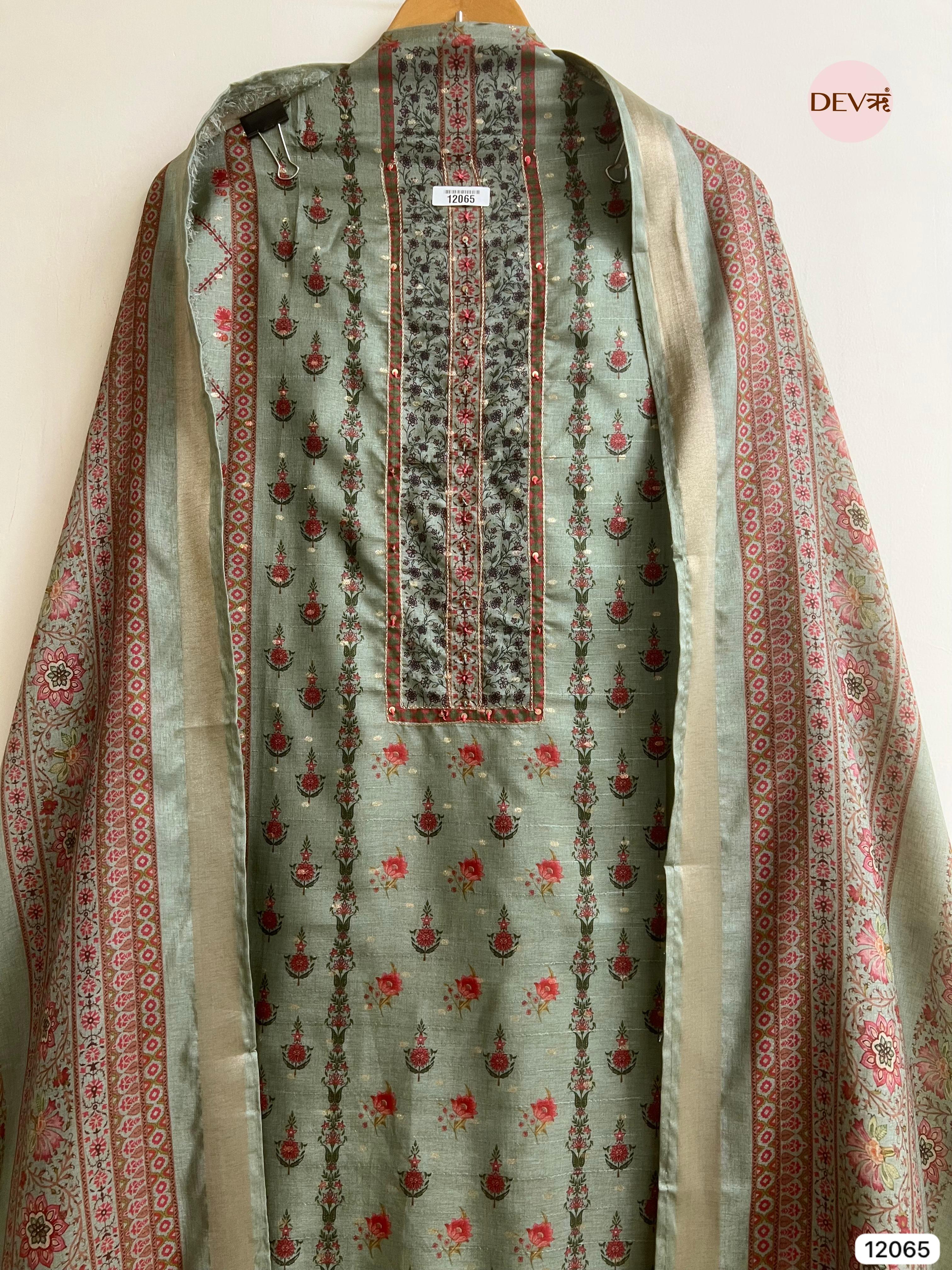 Green Raw Handloom Silk Unstitched Designer Printed With Hand Embroidery -Set Of 3 - {12065}