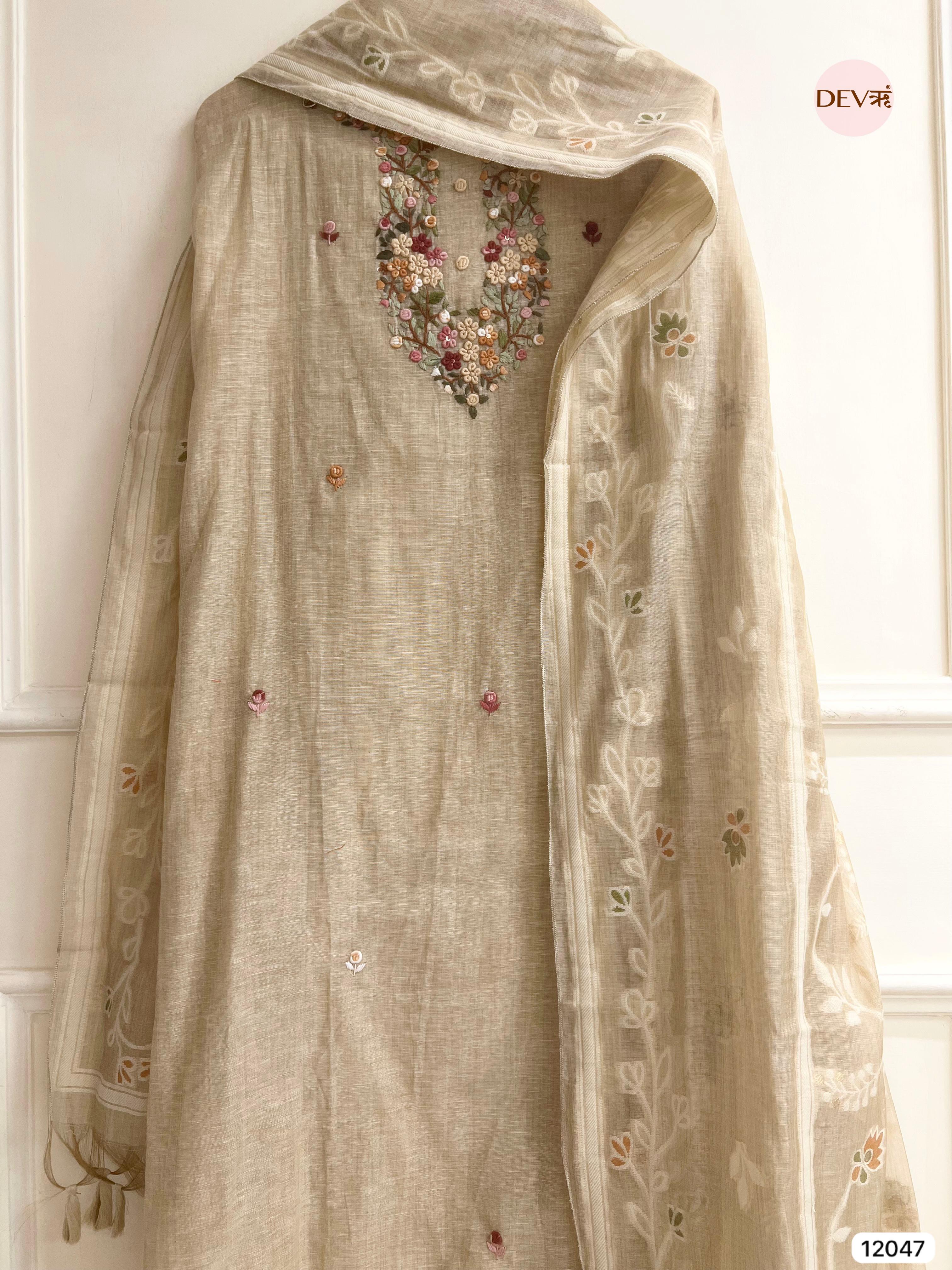 Beige Pure Khadi Silk Unstitched Embroidered -Set Of 3 - {12047}