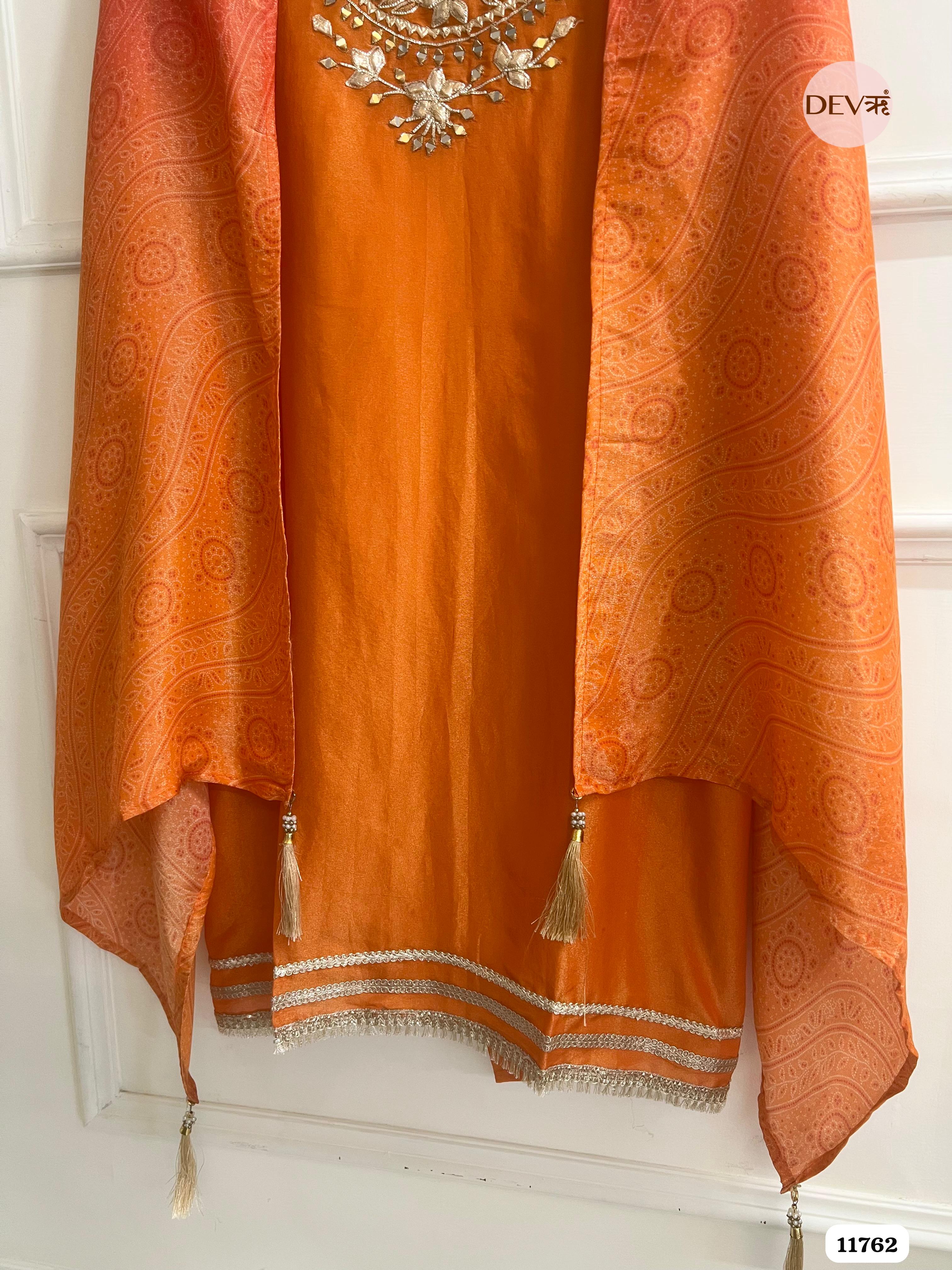 Orange Tissue Silk Unstitched hand Embroidered -Set Of 3 {11762}