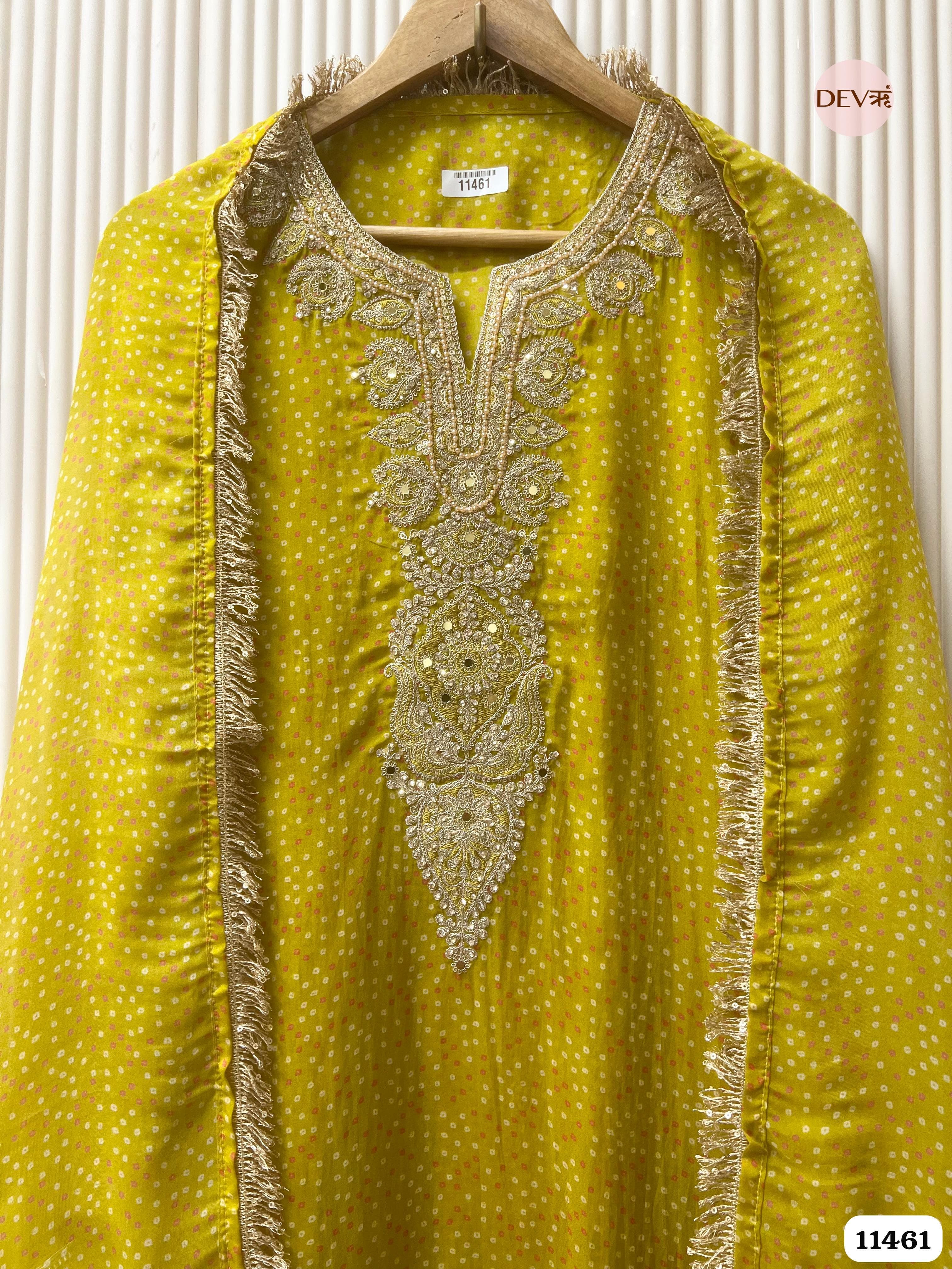 Yellow Pure Organza Printed Hand Embroidered -Set Of 3 {11461}