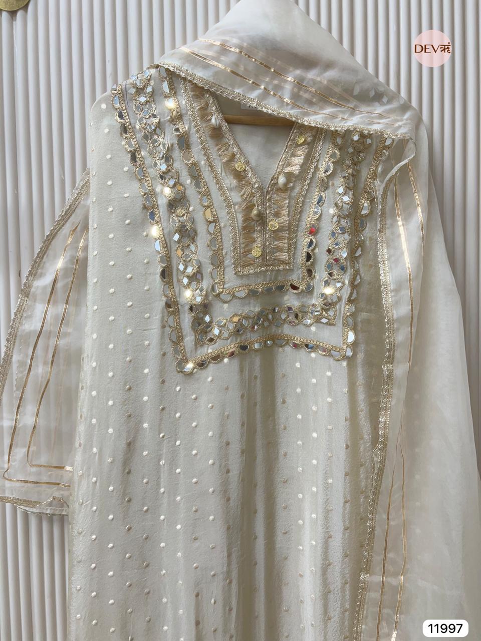 Cream Colour Tissue Shimmer Silk Hand Embroidered -Set Of 3 - {11997}