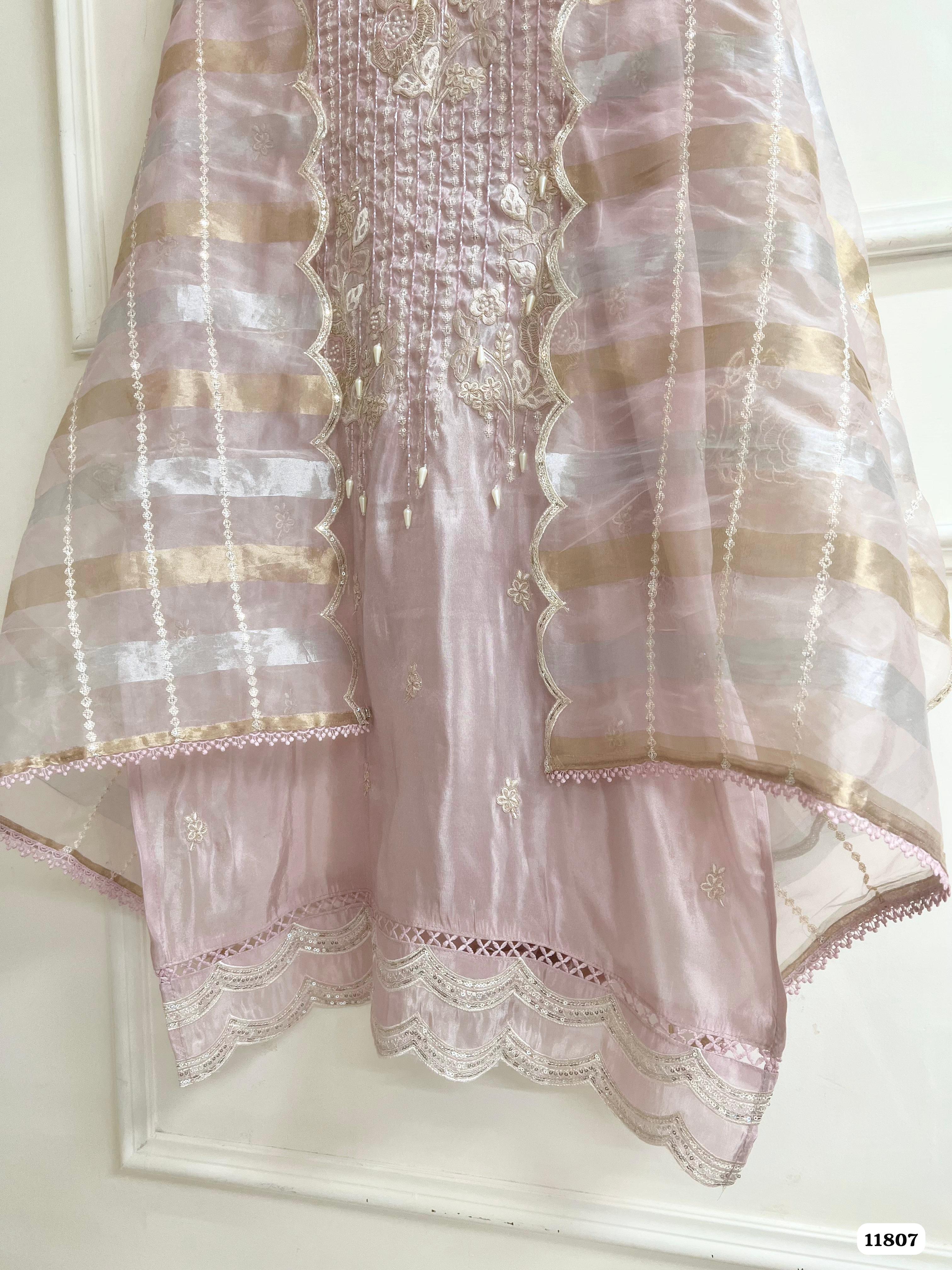 Pink Tissue silk unstitched Hand Embroidered -Set Of 3 {11807}