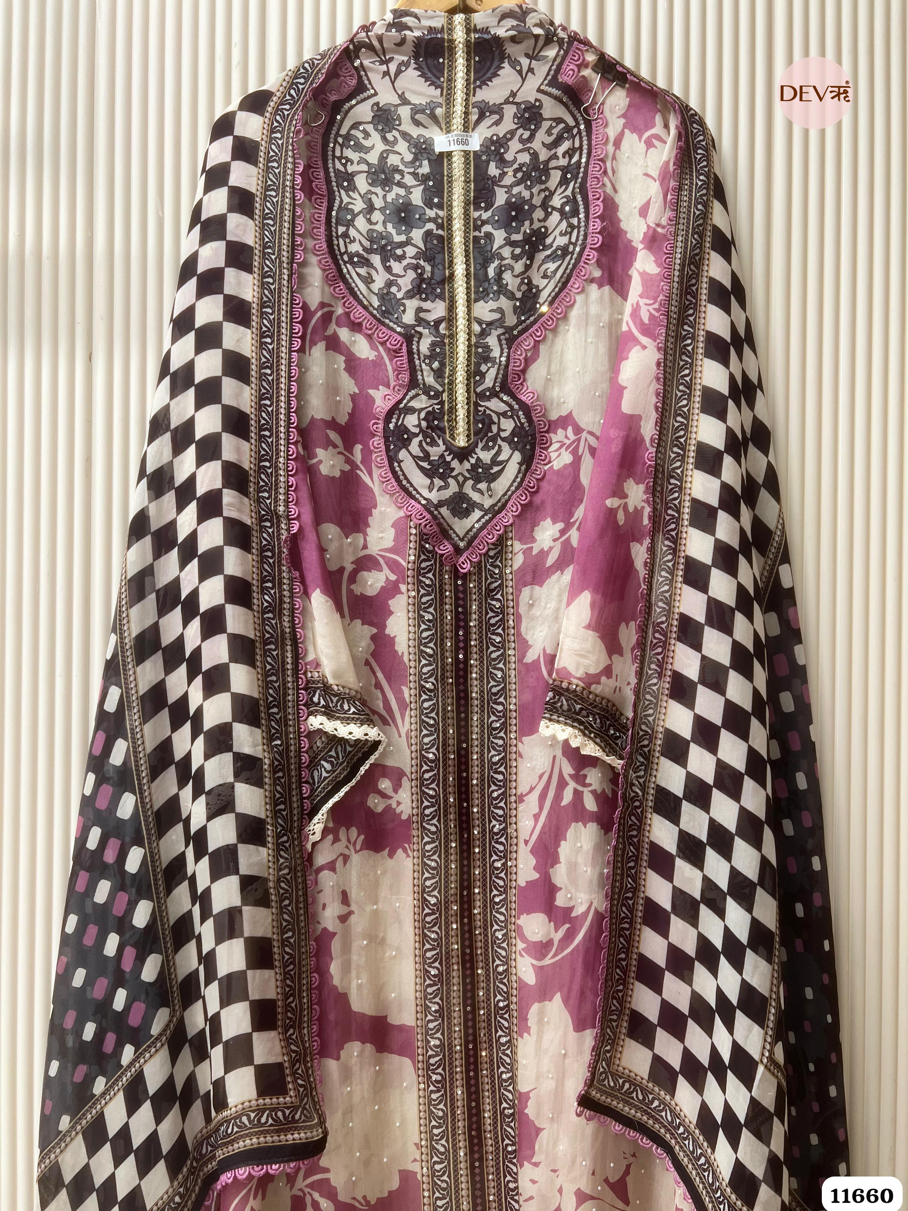 Purple Organza Semi stitched Printed -Set Of 3 {11660}