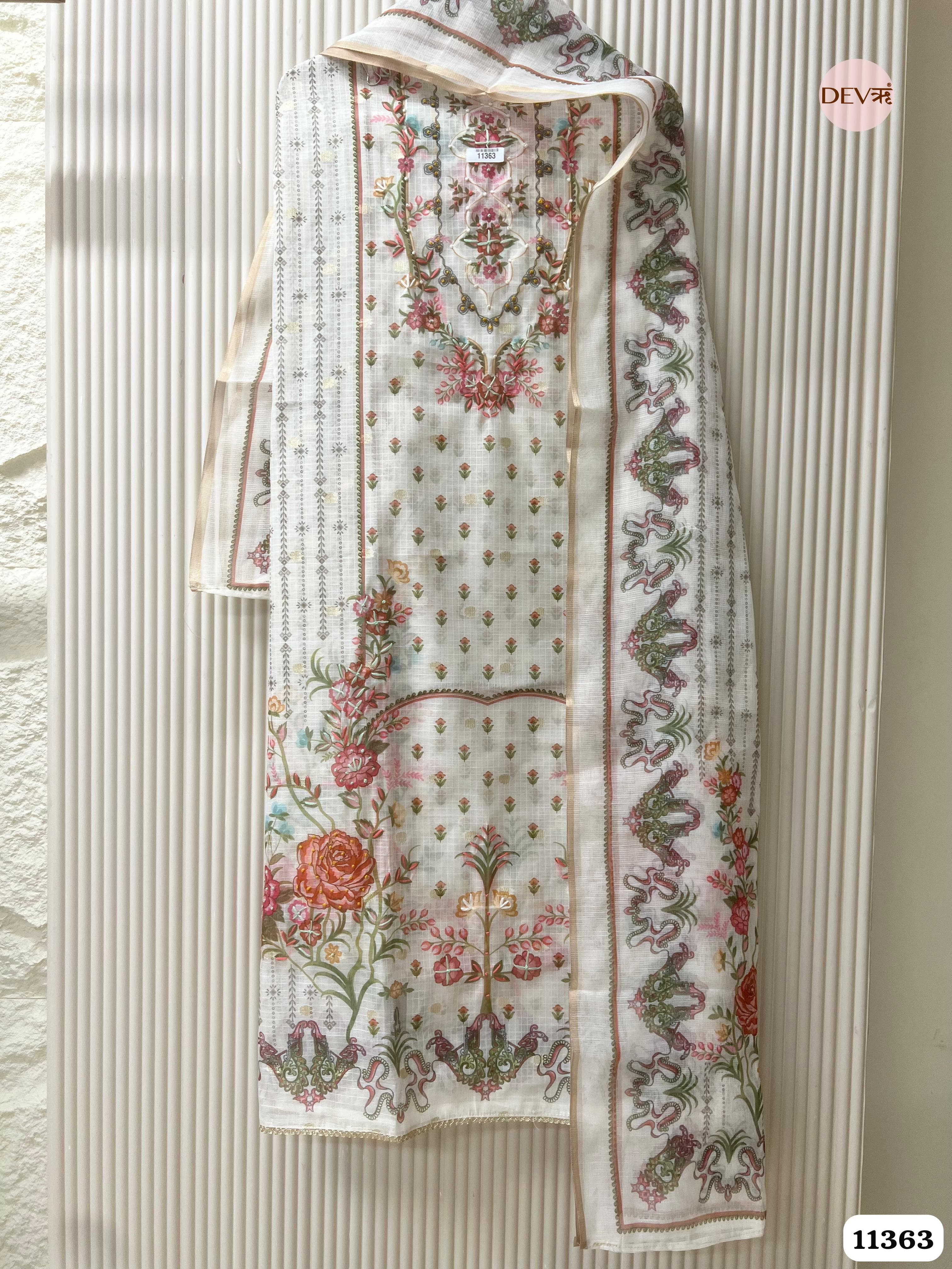 Off-White Or Cream Kota Silk Printed woven Unstitched Hand Embroidered -Set Of 3 {11363}