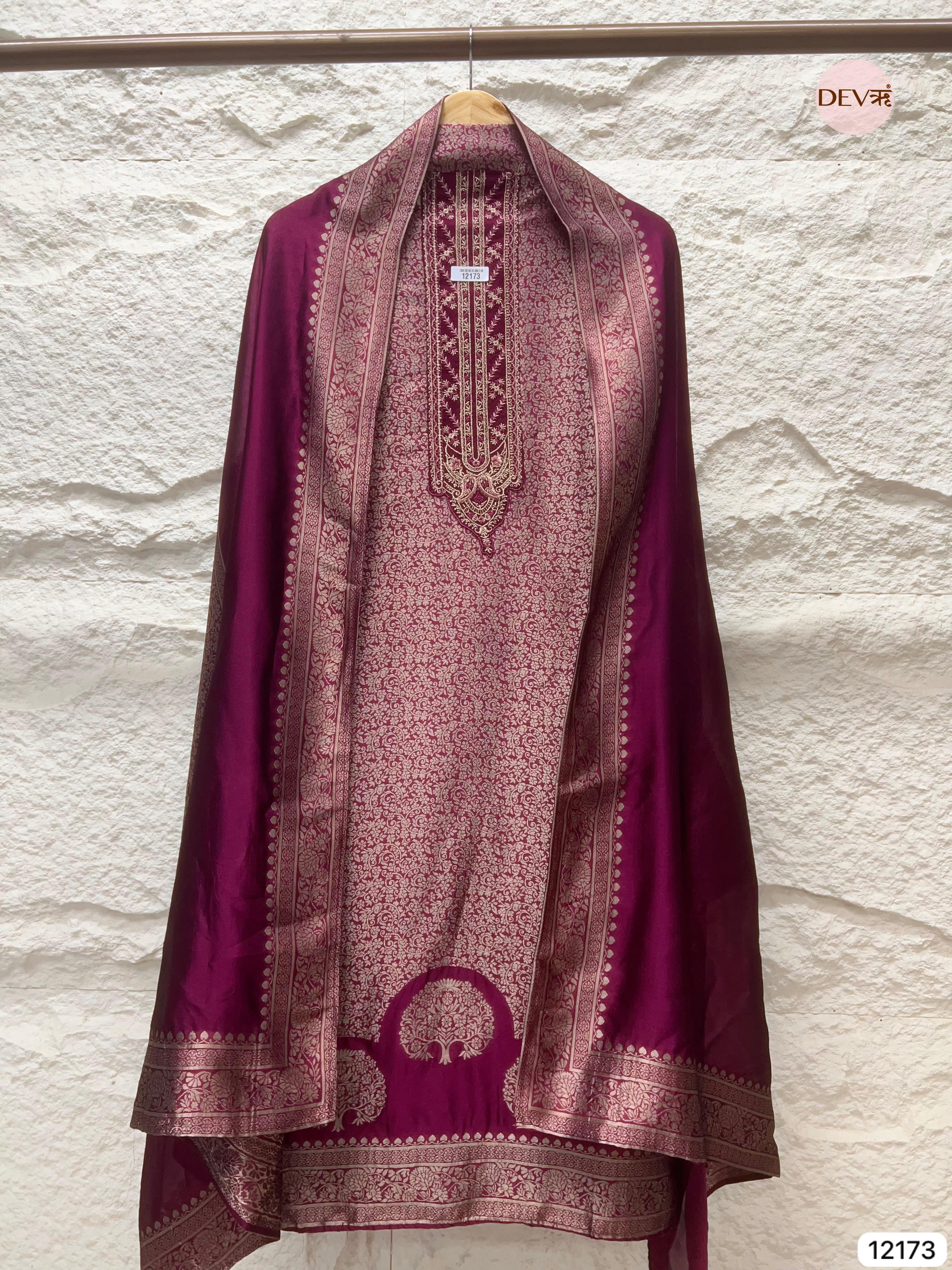 Dark Magenta Pure Banarasi silk Unstitched Hand Embroidered -Set Of 3 - {12173}