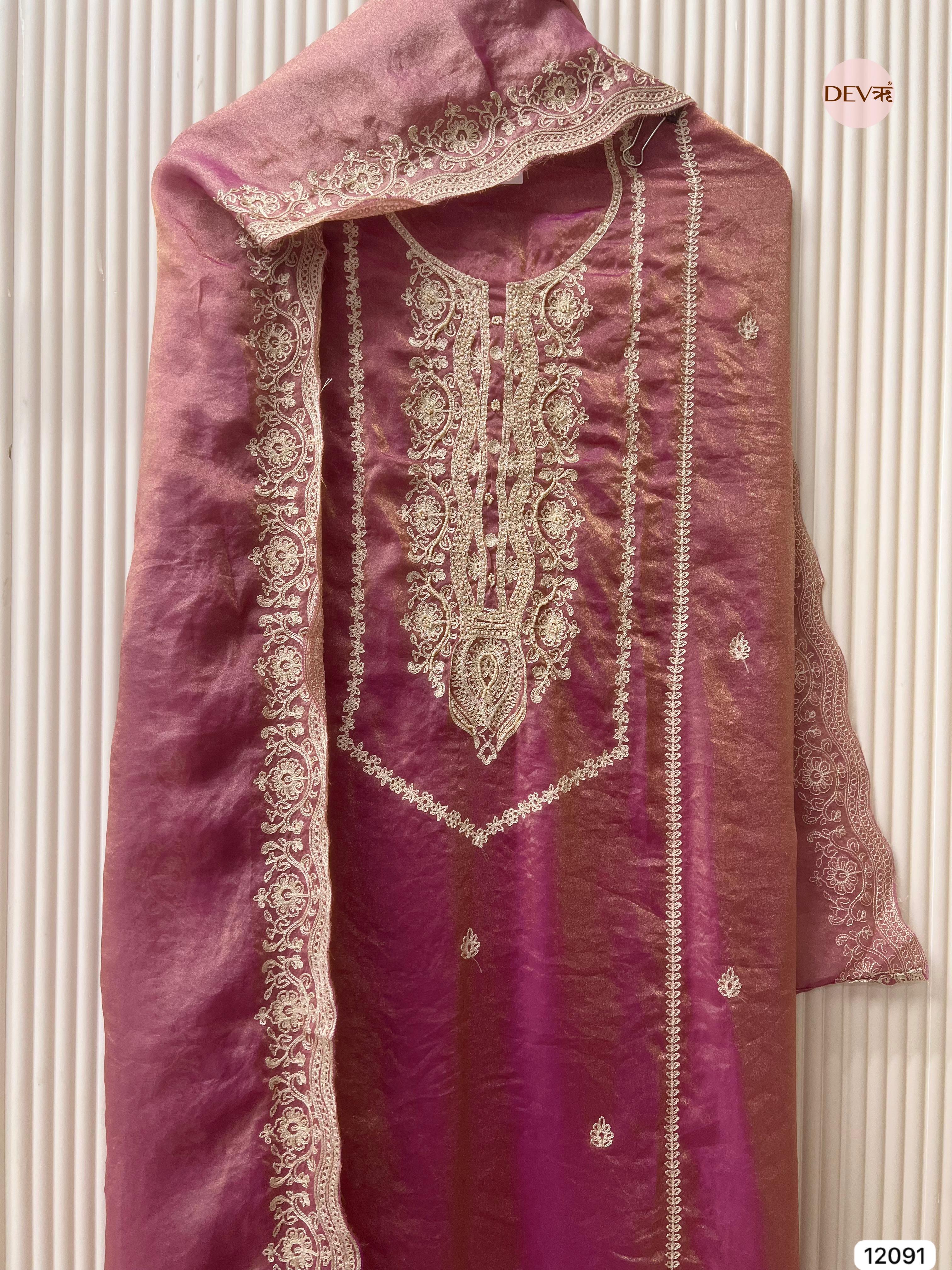 Purple Tissue Crush Silk Unstitched Embroidered -Set Of 3 - {12091}