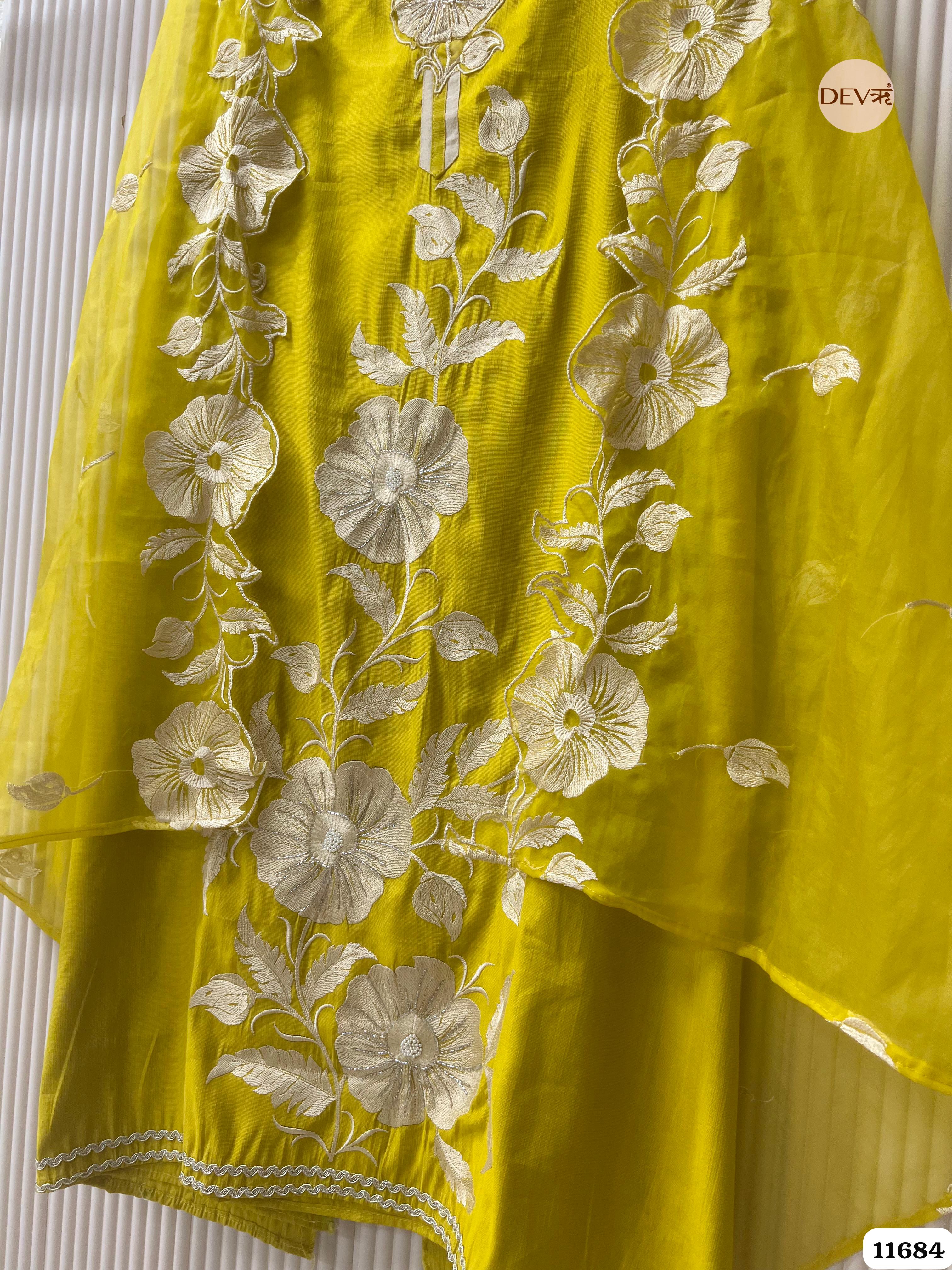 Lime Green Mul Chanderi Unstitched Embroidered -Set Of 3 {11684}
