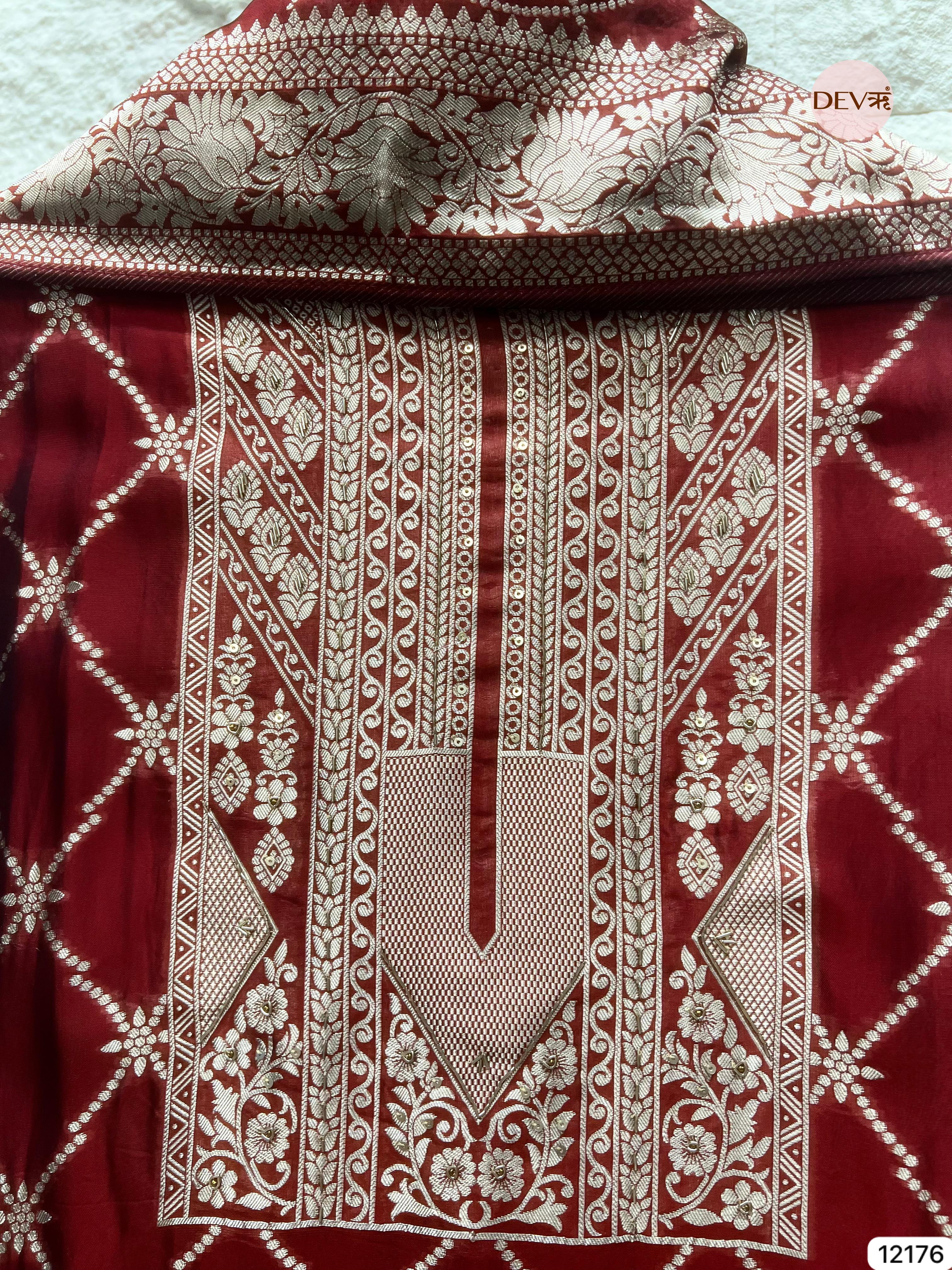 Red Pure Banarasi Silk Unstitched Hand Embroidered-Set of 3- {12176}