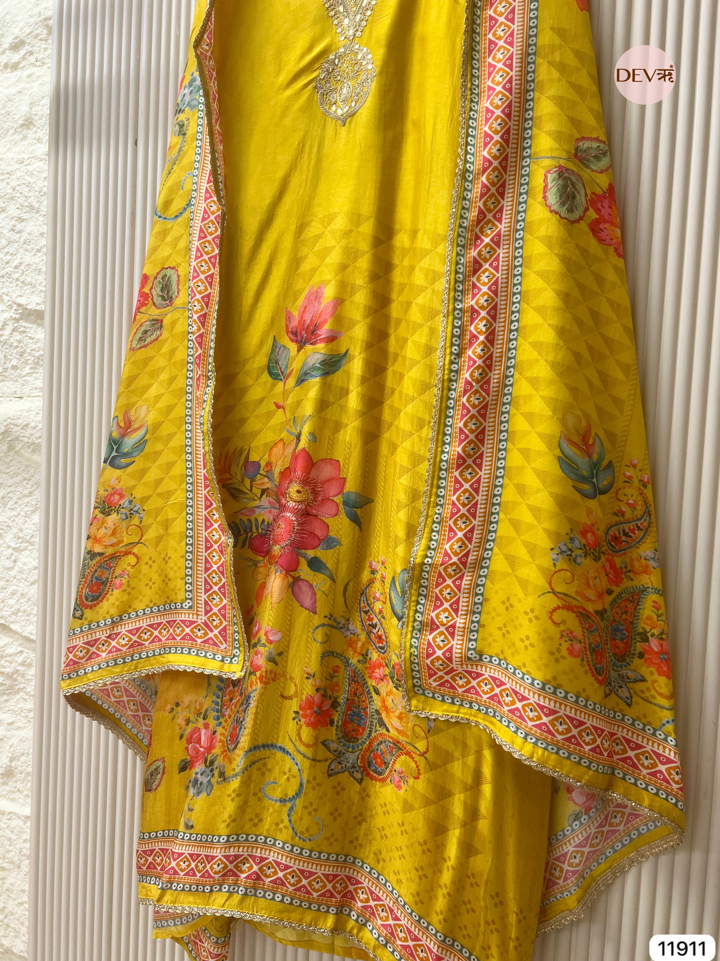 {11911} Yellow Pure Russian Silk Unstitched Printed Embroidered -Set Of 3