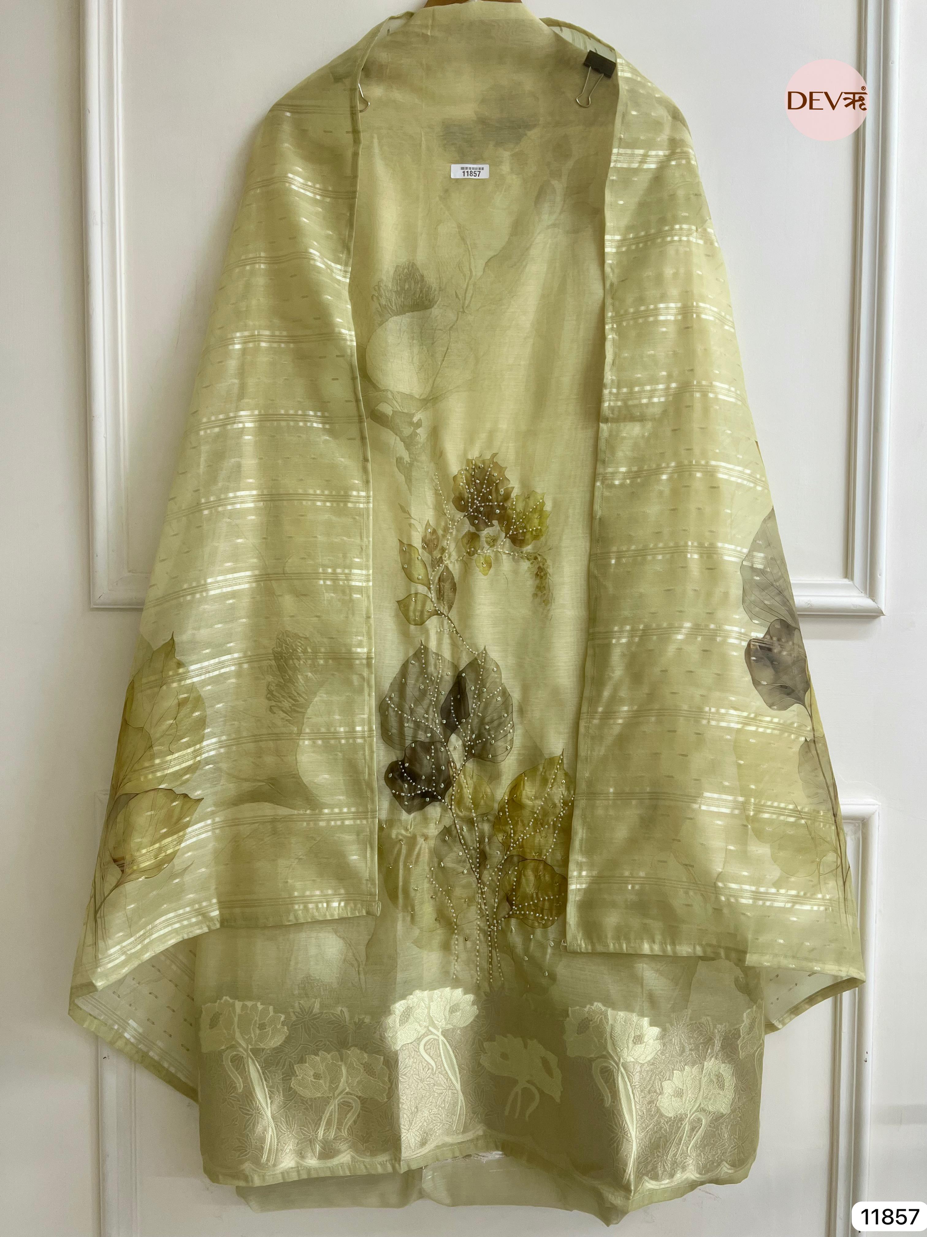 Green Jamdani Silk Unstitched Printed Woven Hand Embroidered -Set Of 3 - {11857}