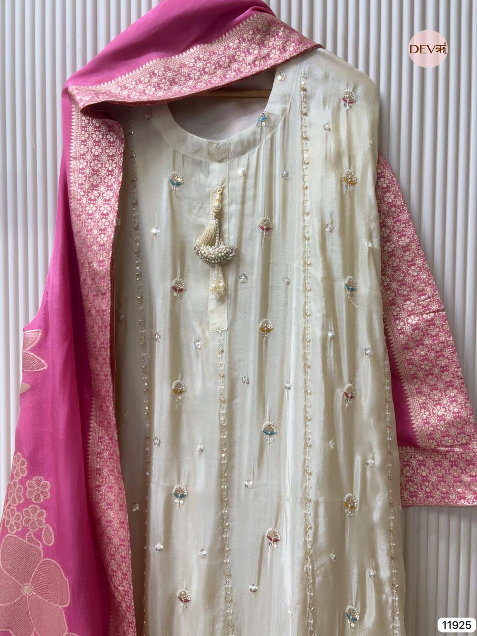 Cream Colour Tissue Shimmer Silk Unstitched Hand Embroidered -Set Of 3 - {11925}