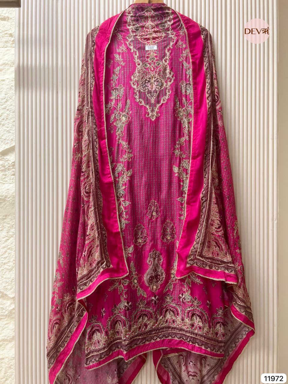 Fuchsia Pink Muslin Printed Unstitched 3-Piece Suit (Devri – D.No 11972)