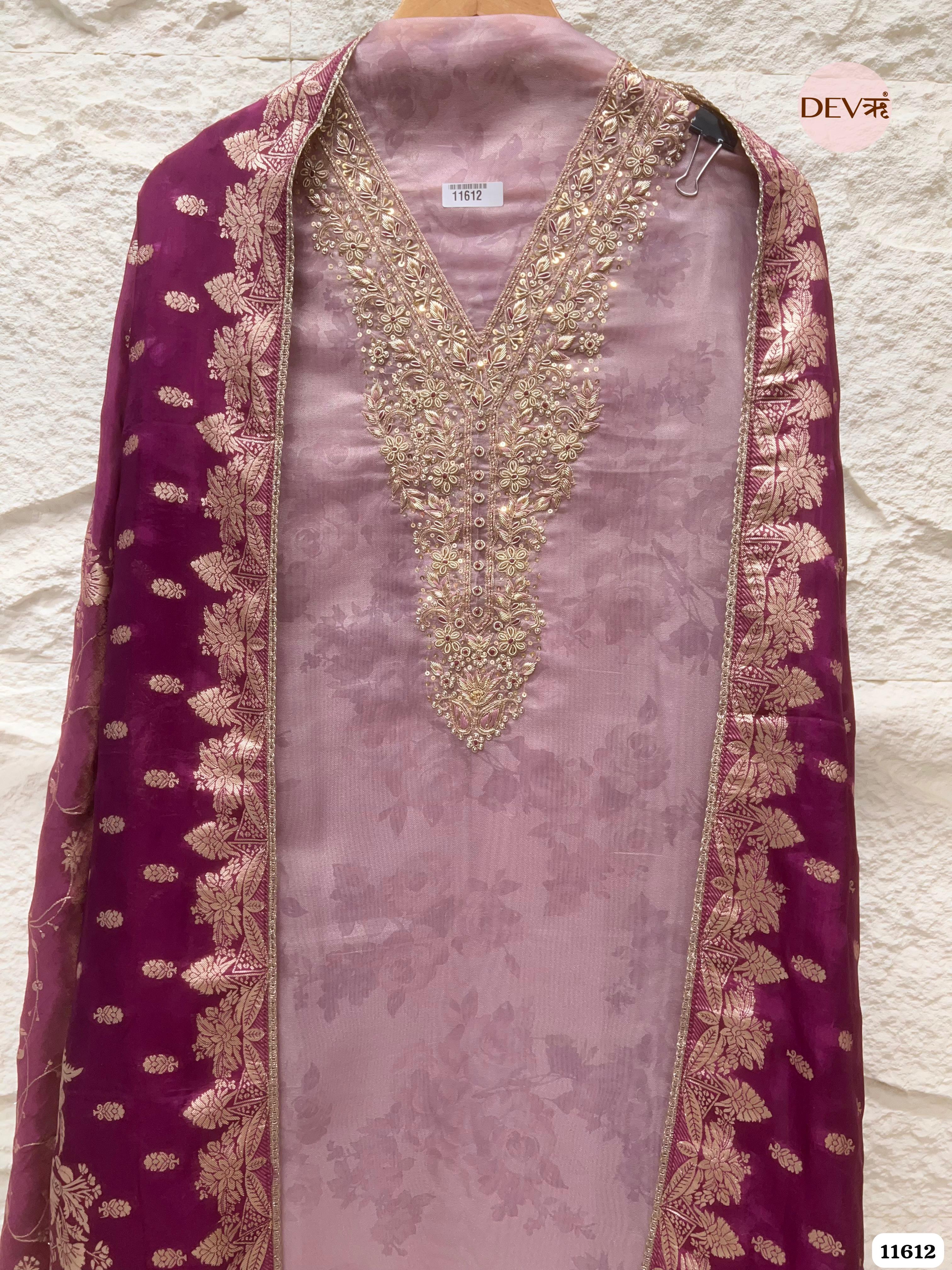 Light Purple Pure Tissue Organza Printed Unstitched Hand Embroidered -Set Of 3 {11612}