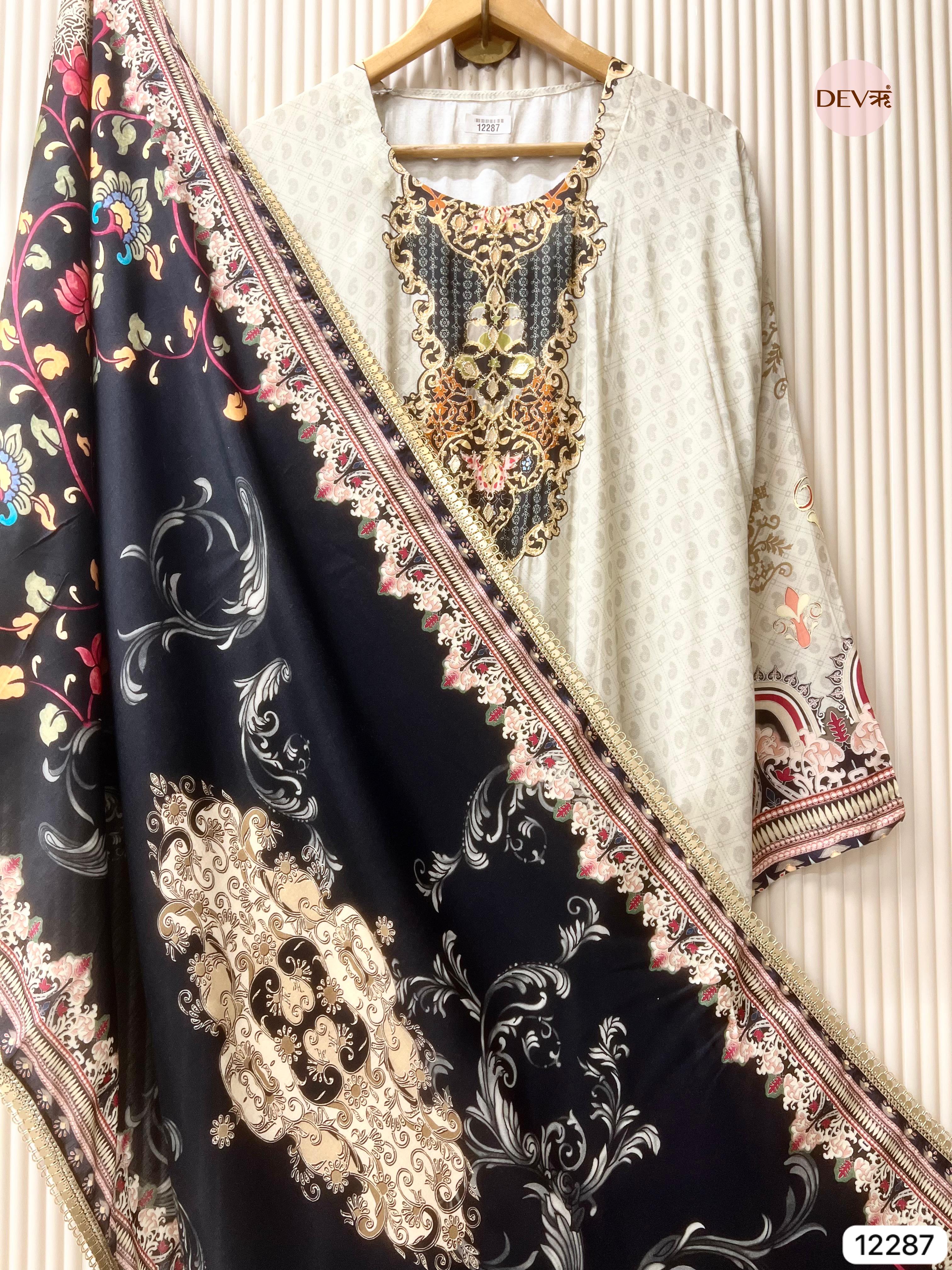 Ivory Muslin Printed Unstitched 3-Piece Suit (Devri – D.No 12287)
