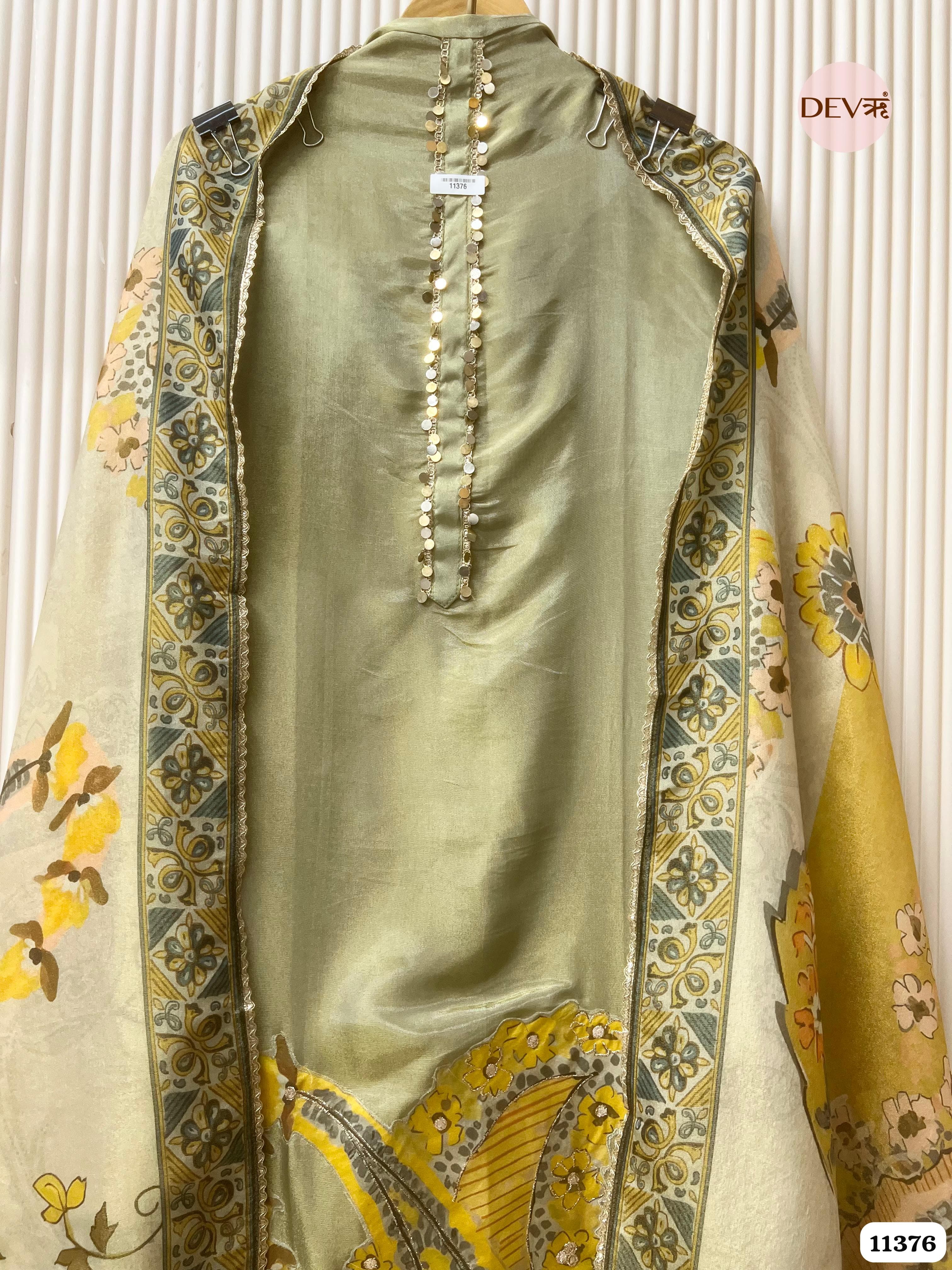 Green Tissue Silk Unstitched Embroidered -Set Of 3 {11376}