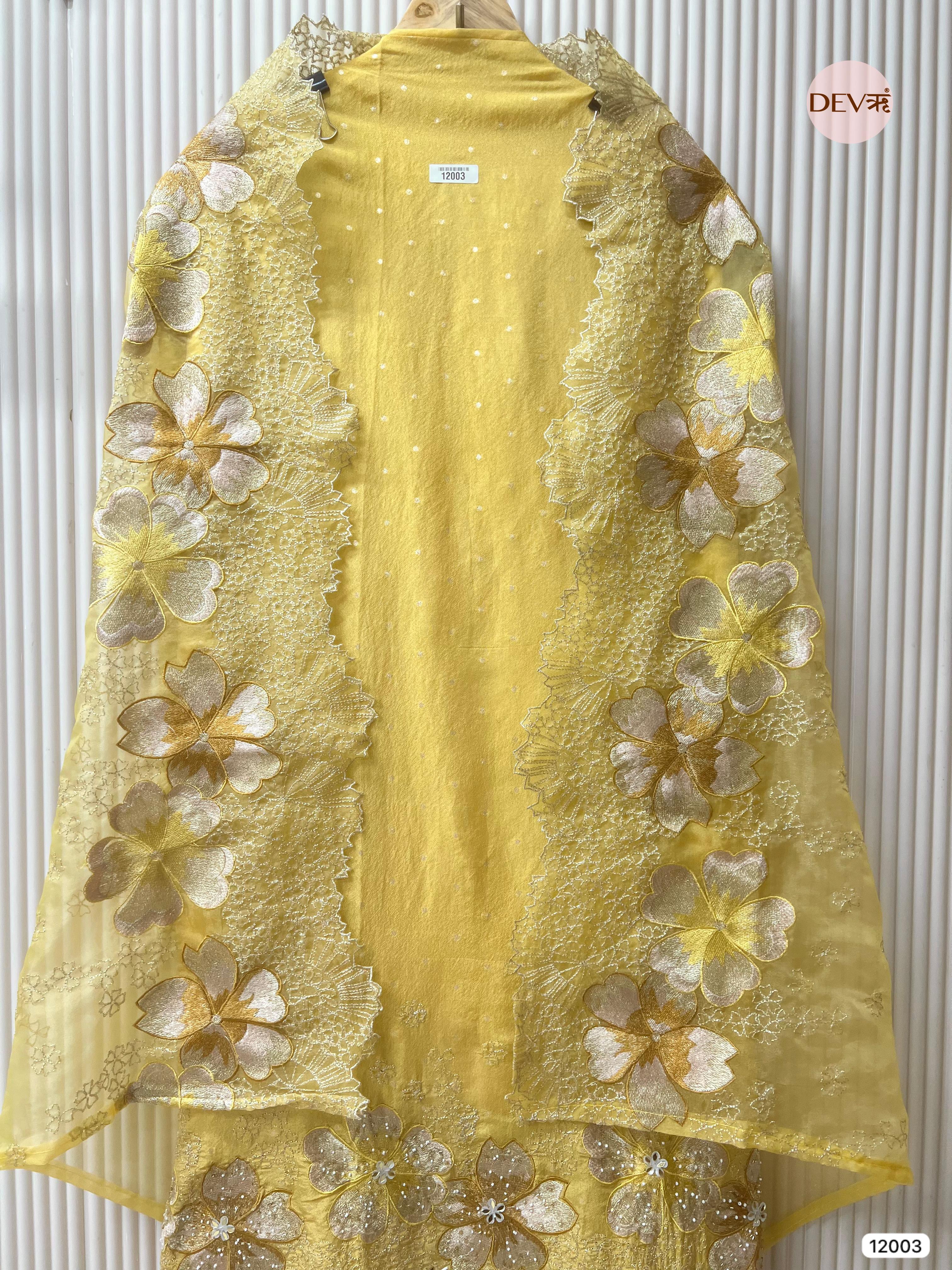 Yellow Tissue Shimmer Silk Unstitched Embroidered -Set Of 3- {12003}