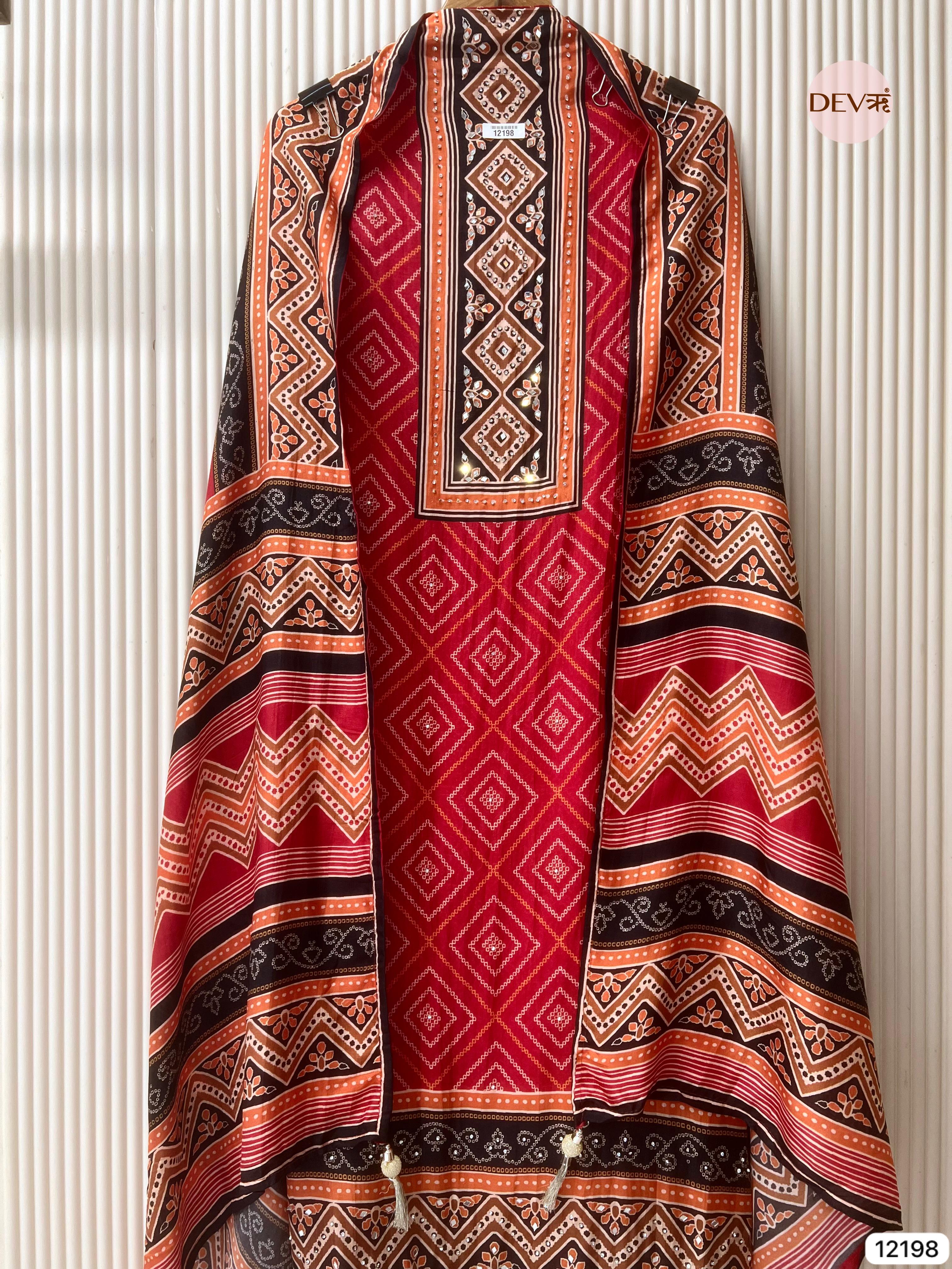 Red Pure russian silk Printed Unstitched Hand Embroidered -Set Of 3 - {12198}