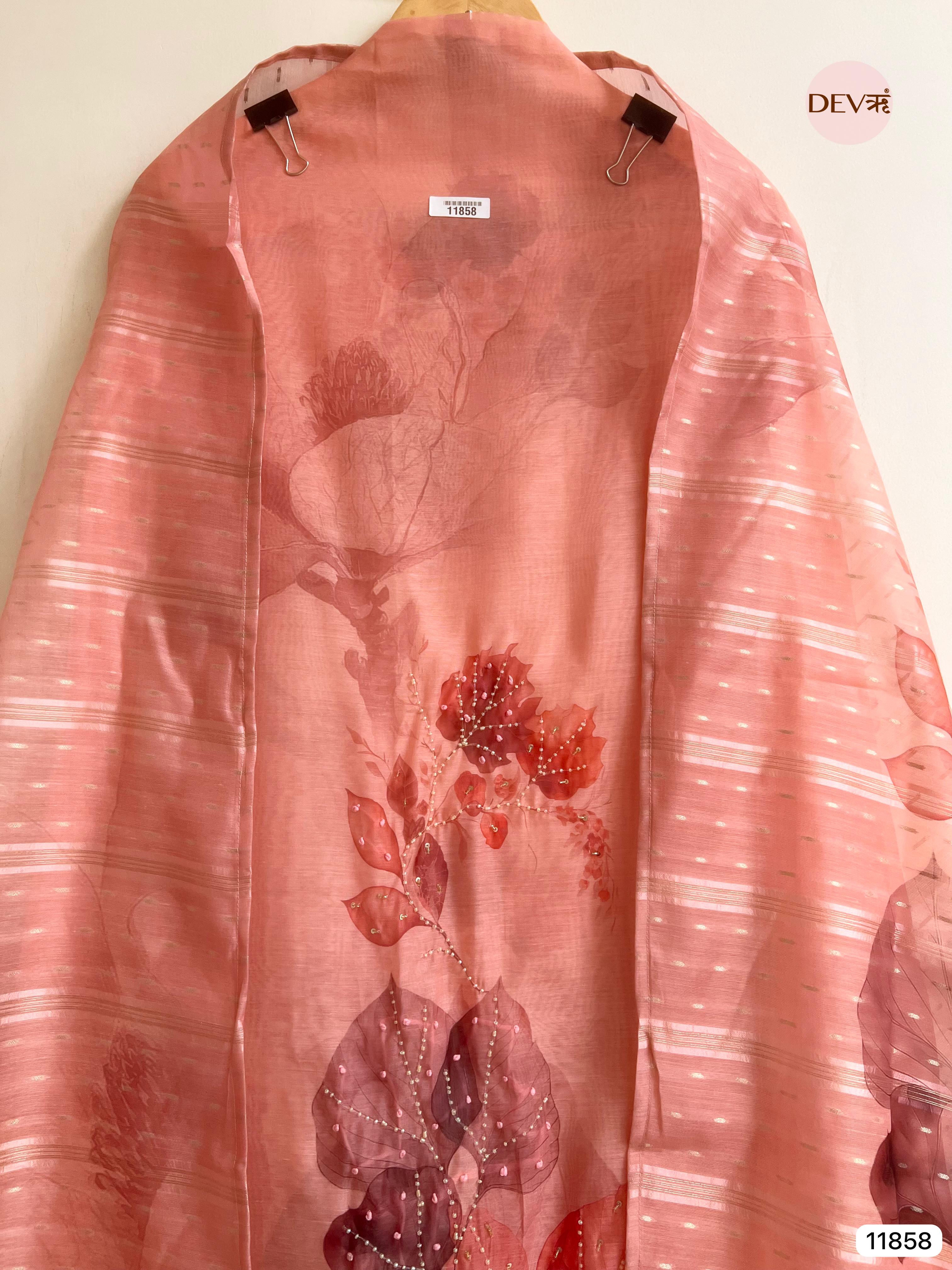 Pink Jamdani Silk Unstitched Printed Woven Hand Embroidered -Set Of 3- {11858}