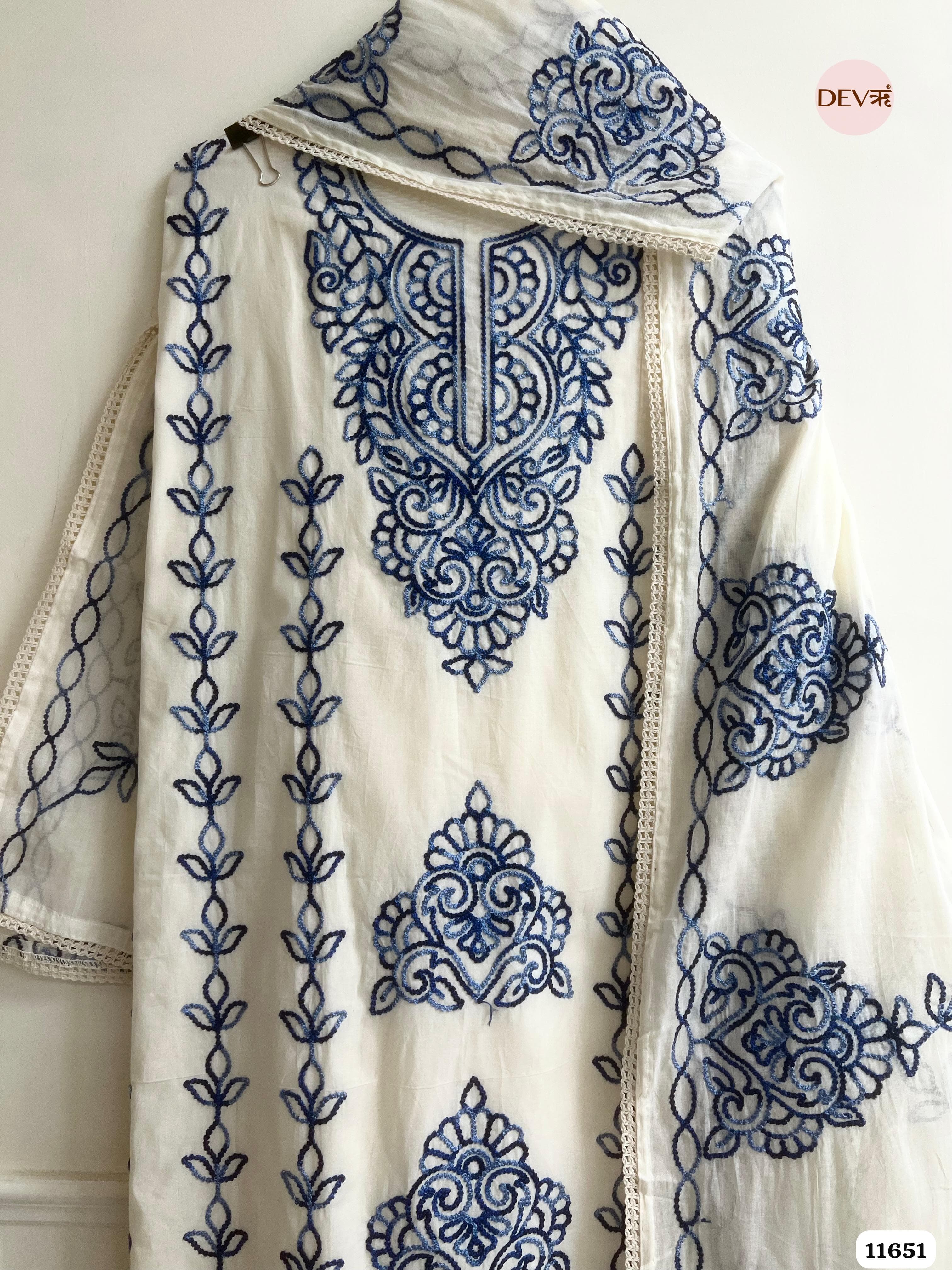 White Kota Cotton Unstitched Embroidered -Set Of 3