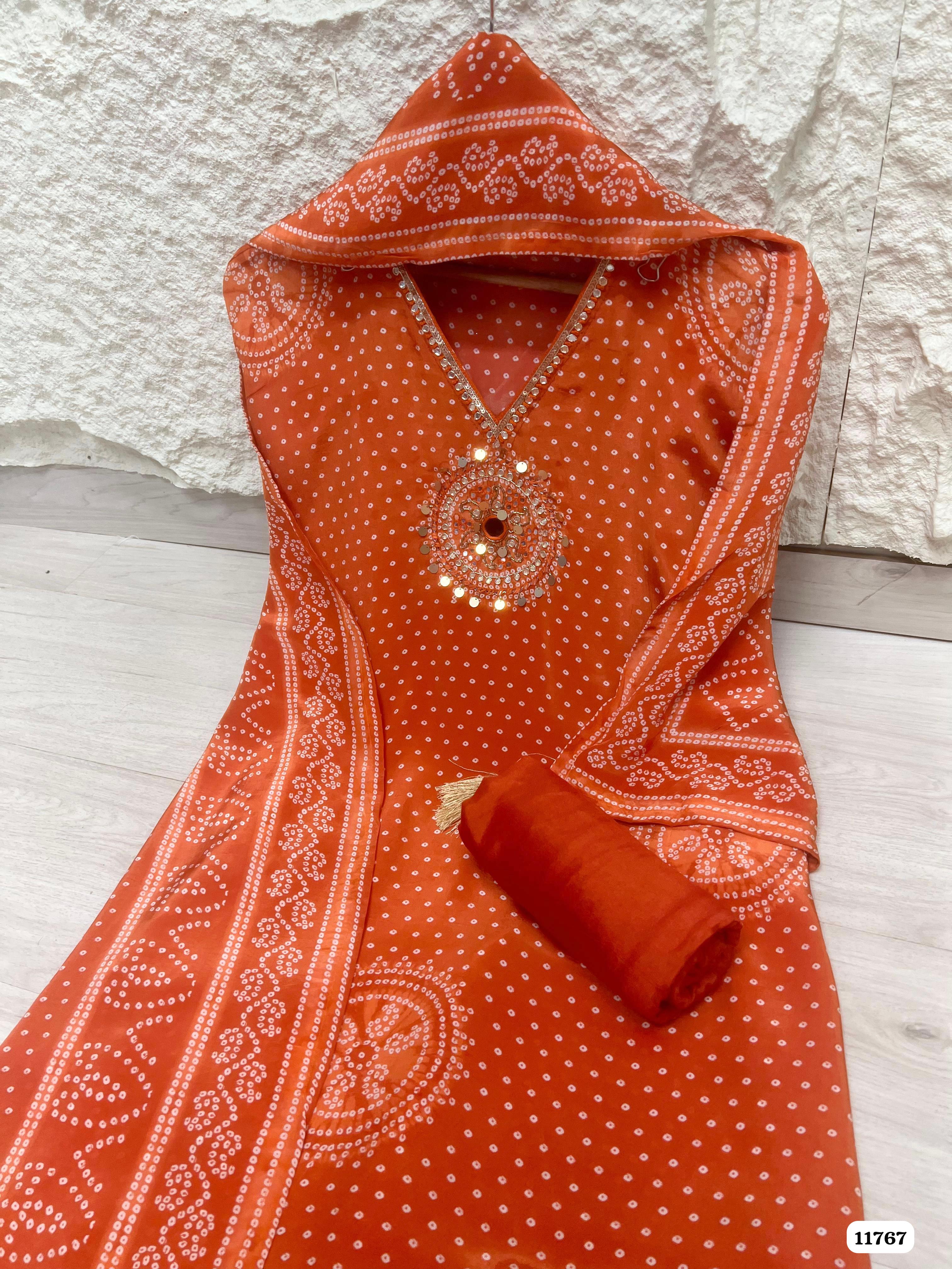 Orange Natural Crepe Unstitched Printed Hand Embroidered -Set Of 3 {11767}