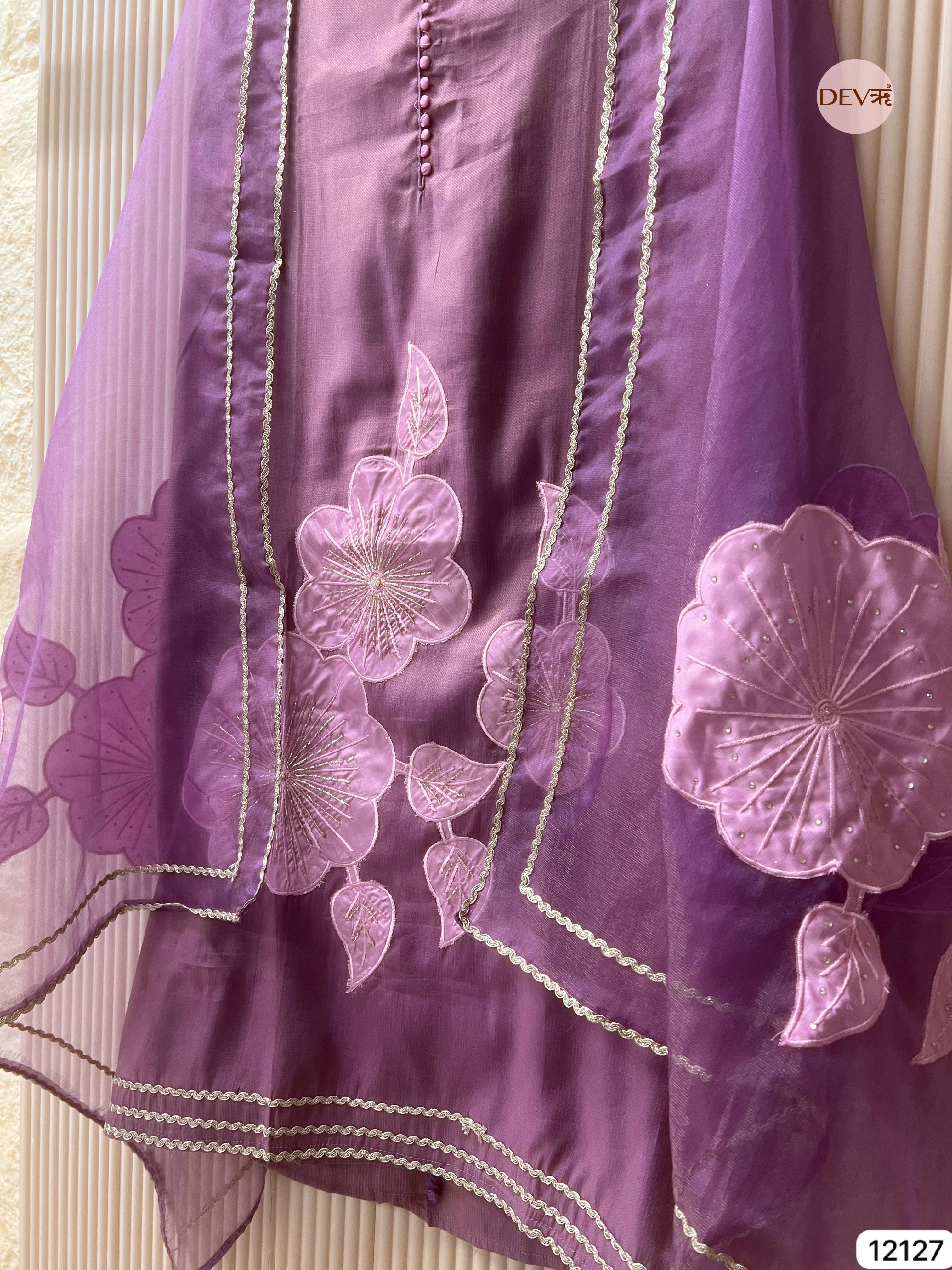 Purple Shimmer Silk Unstitched Applique Embroidered -Set Of 3 - {12127}