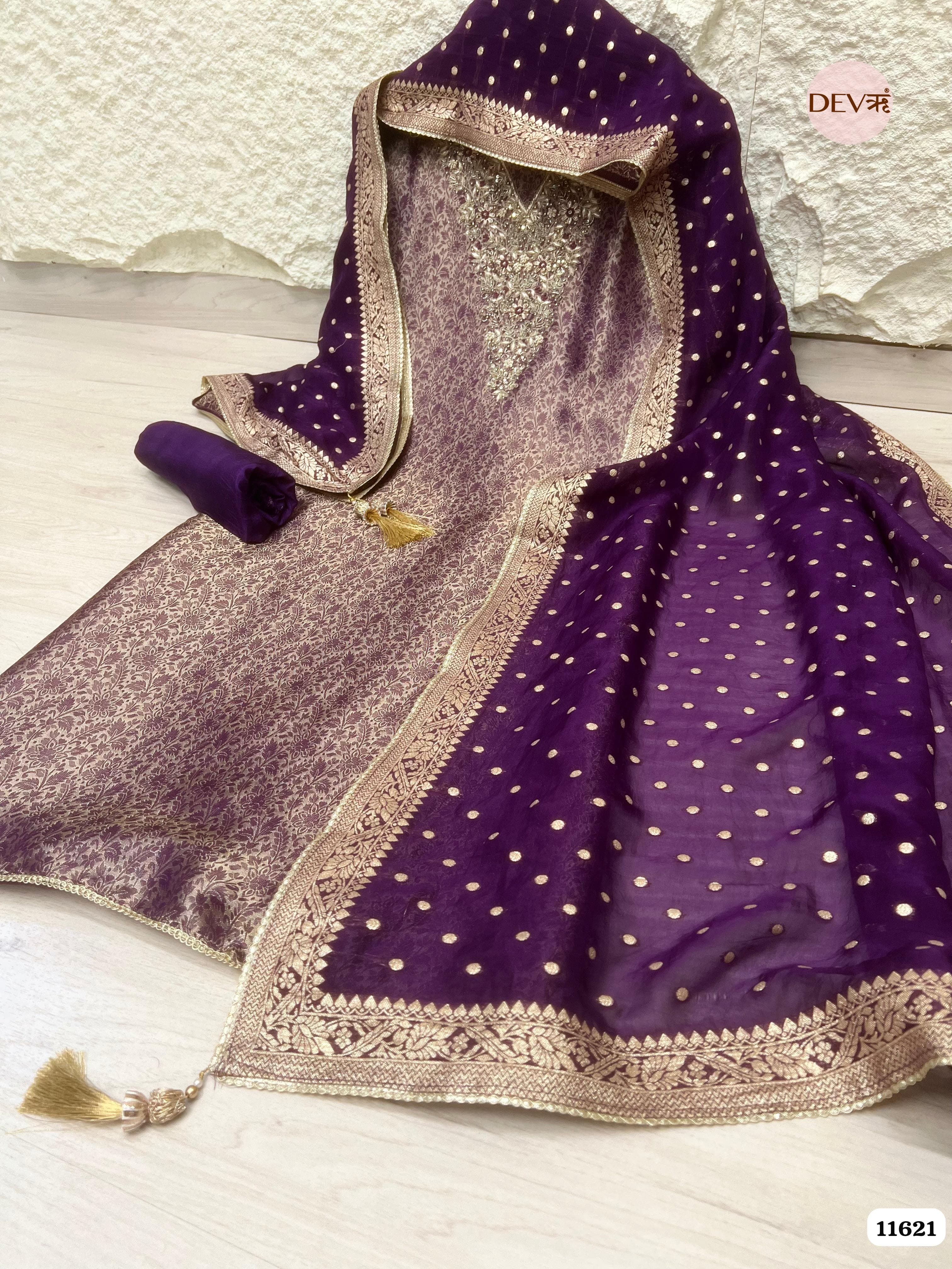 Purple Pure Tissue Banarasi Silk Unstitched Hand Embroidered -Set Of 3 {11621}