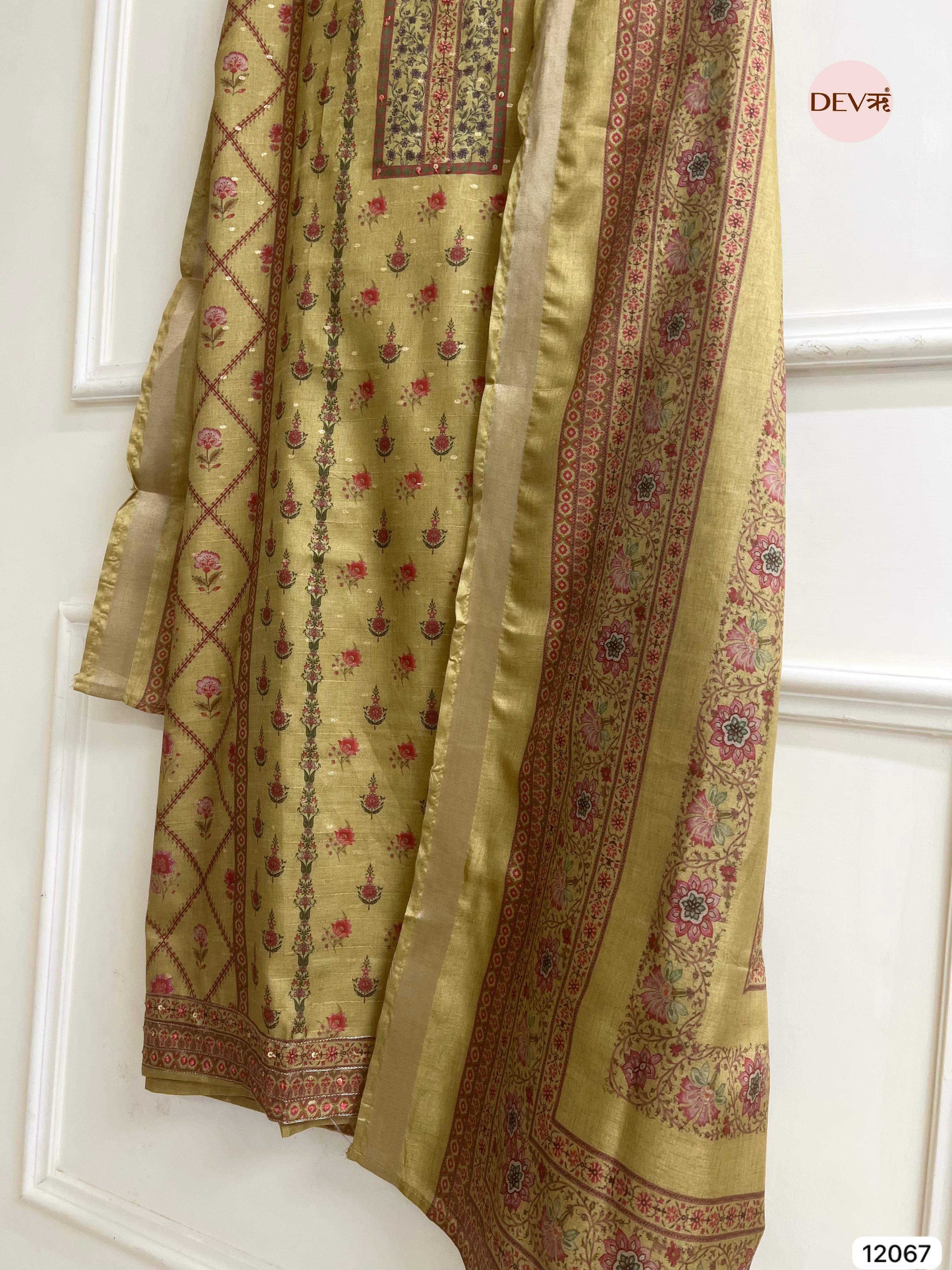 Yellow Raw Handloom Silk Unstitched Designer Printed With Hand Embroidery -Set Of 3 - {12067}