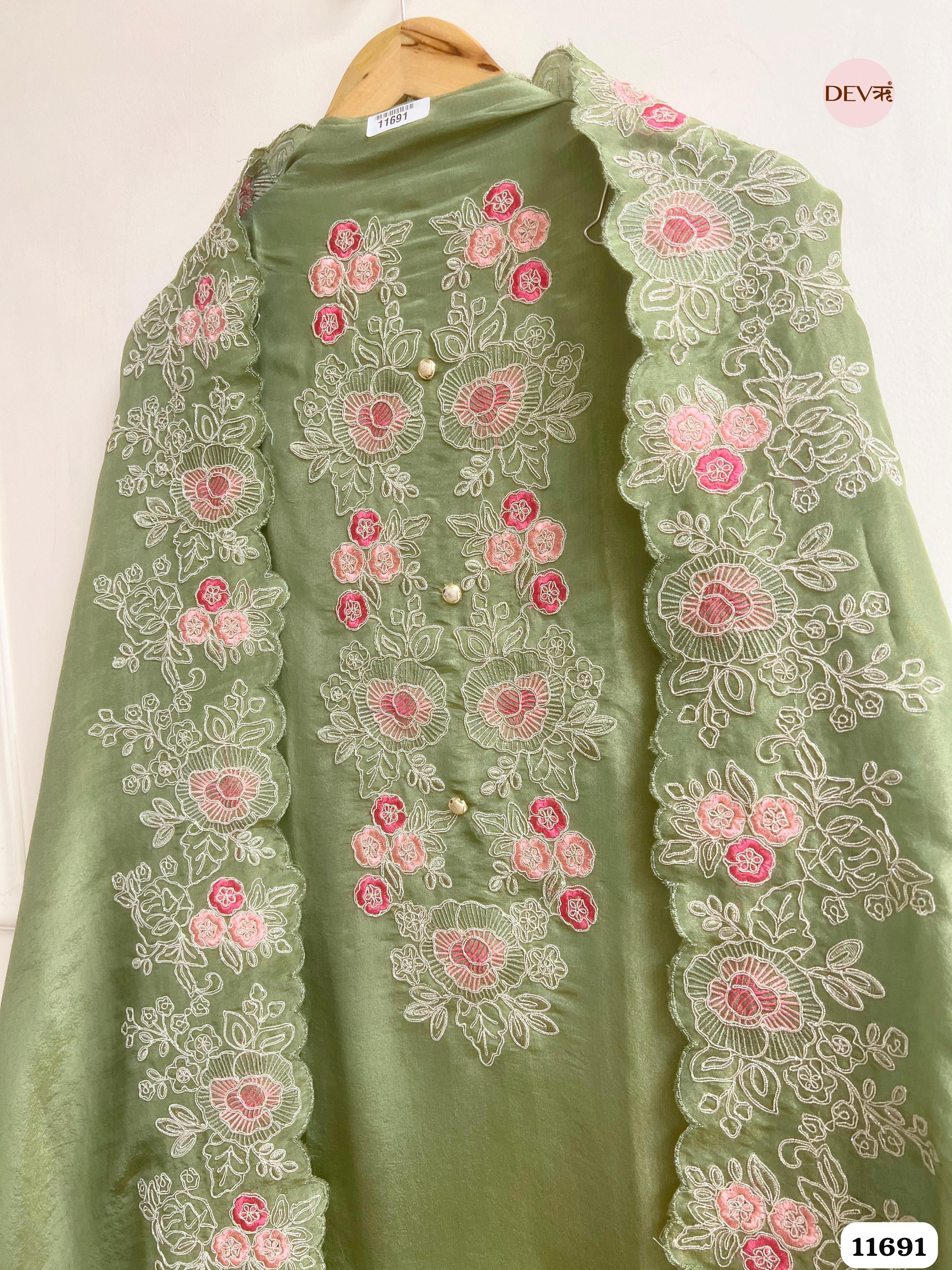 Green Tissue Silk Unstitched Embroidered -Set Of 3 {11691}