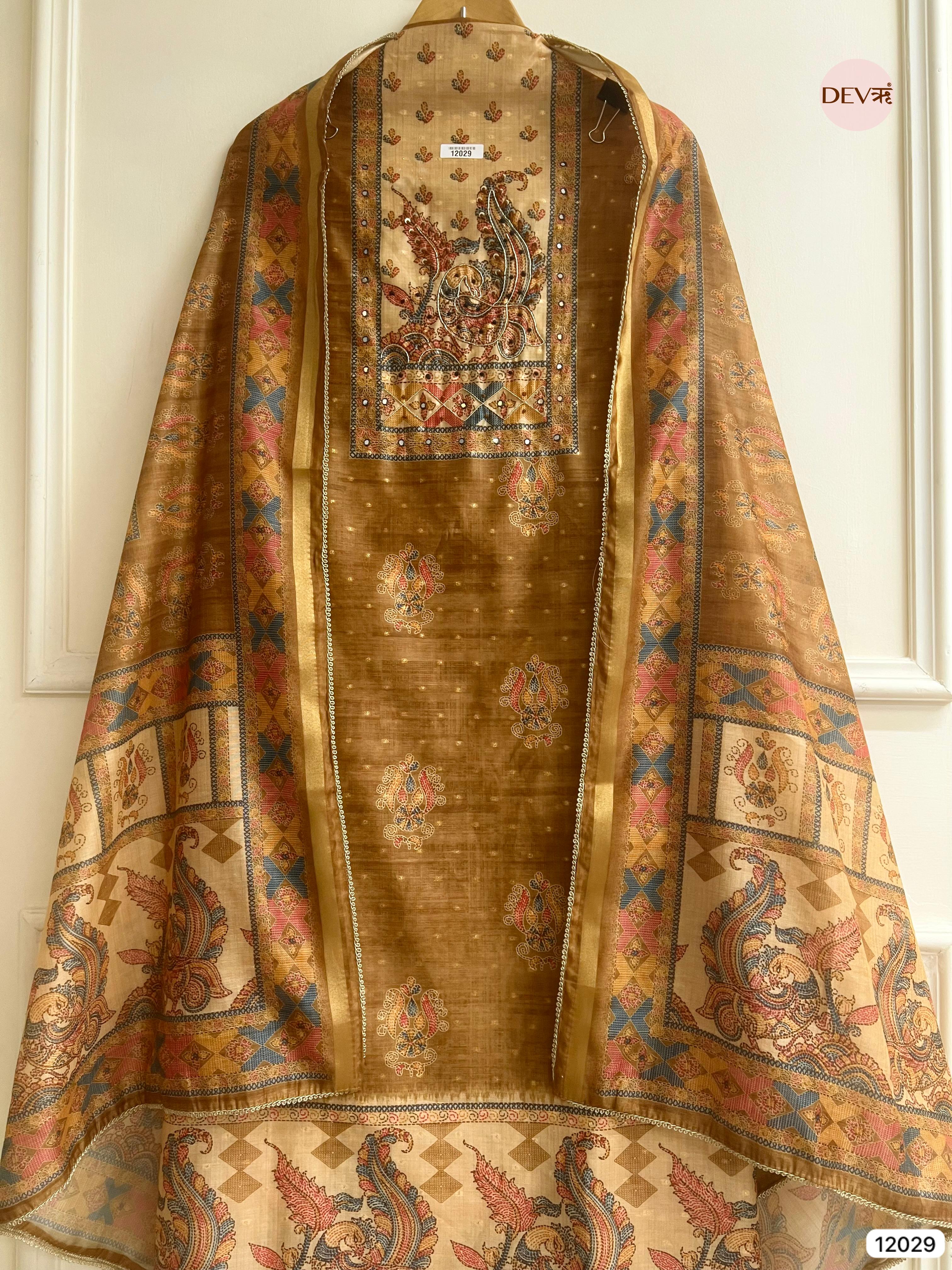 Golden-Brown Tusser Khadi Silk Printed Unstitched Hand Embroidered -Set Of 3 - {12029}