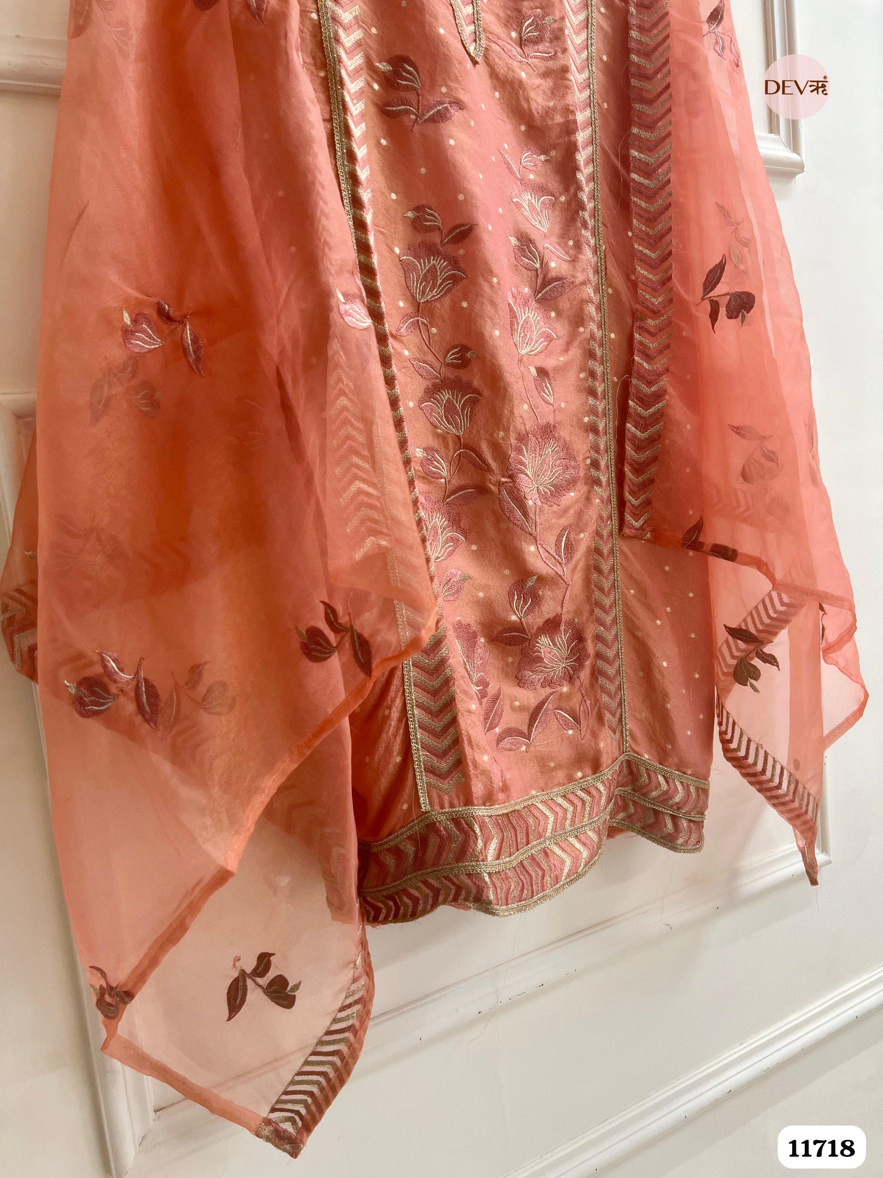 Orange Rust Tissue Shimmer Unstitched Embroidered -Set Of 3 {11718}