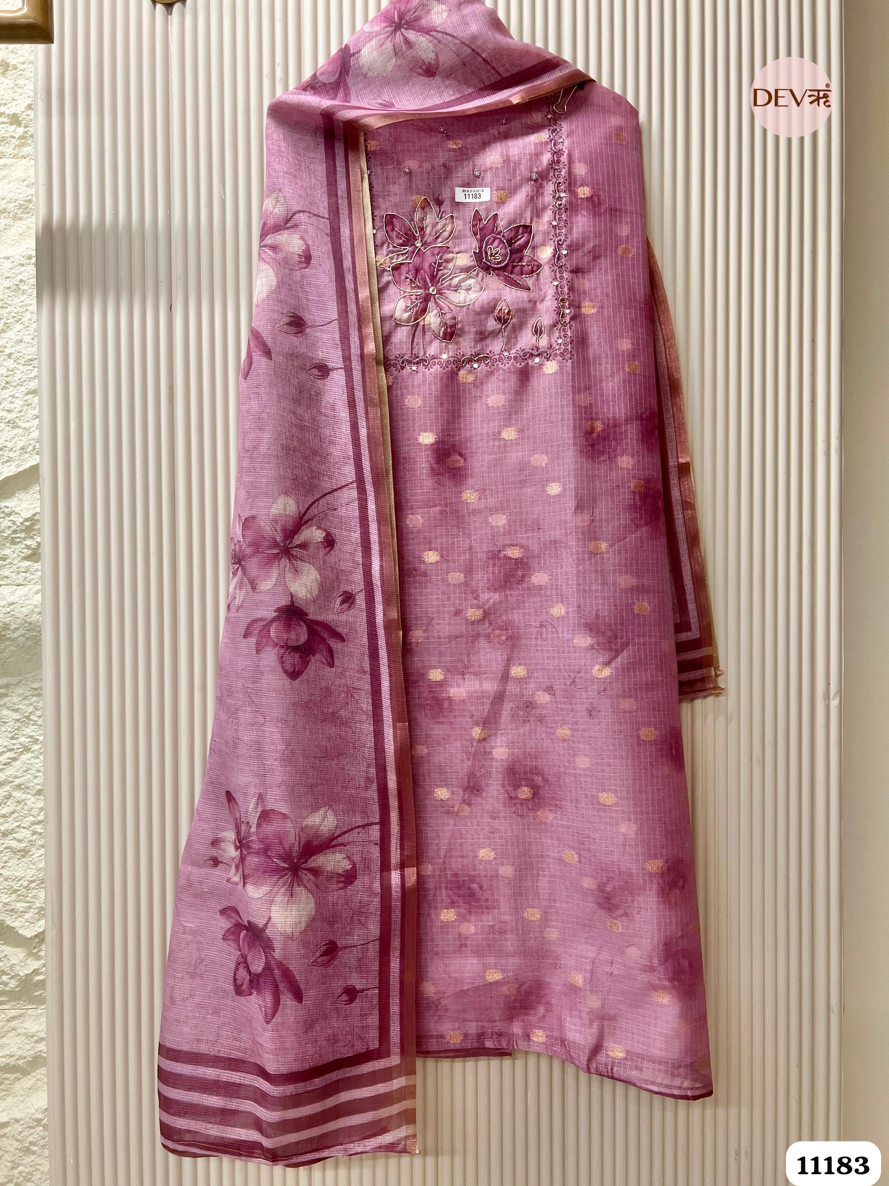 Pink Kota Silk Unstitched Hand Embroidered -Set Of 3