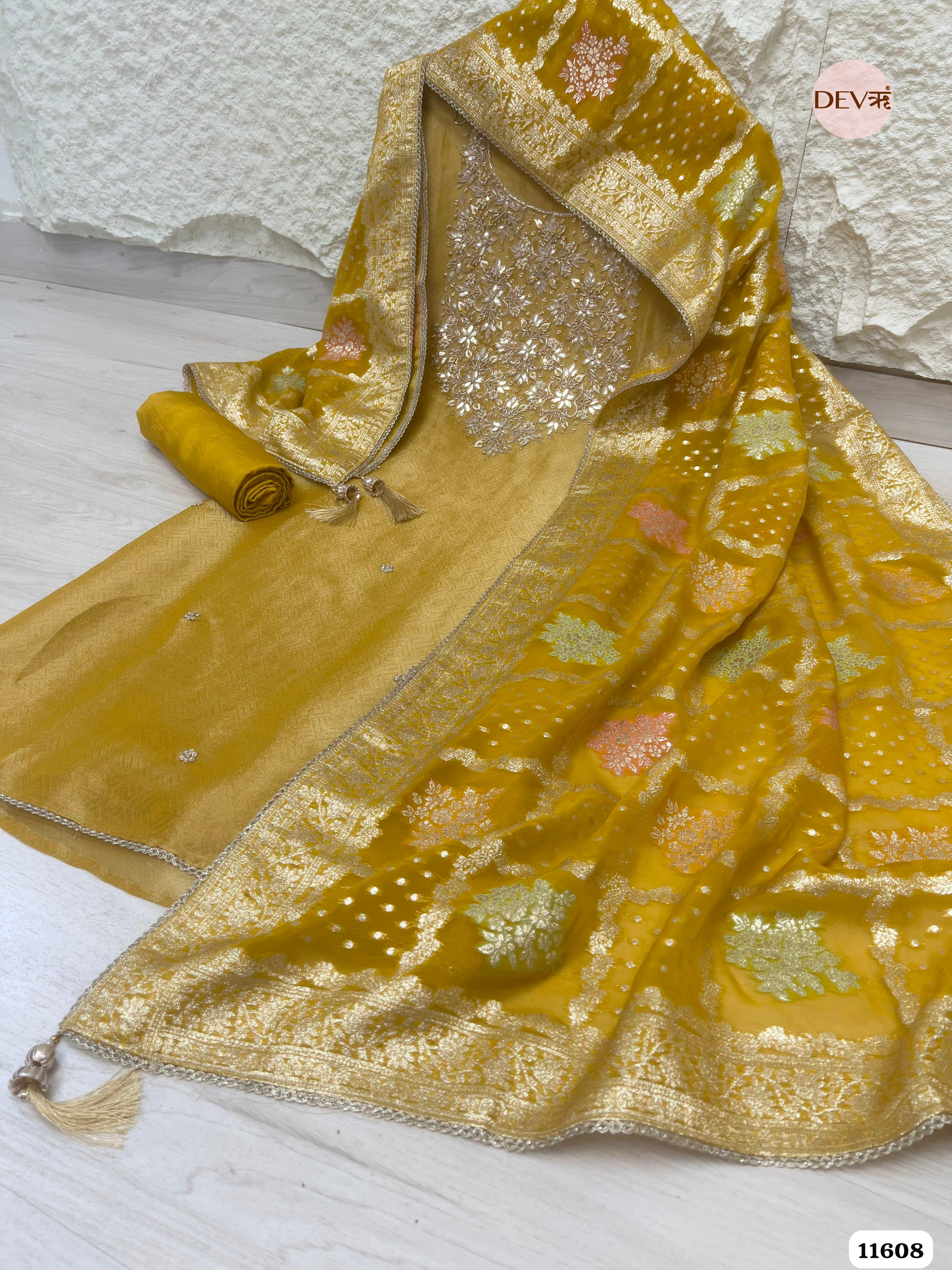 Yellow Pure Tissue Banarasi Silk Unstitched Hand Embroidered -Set Of 3 {11608}