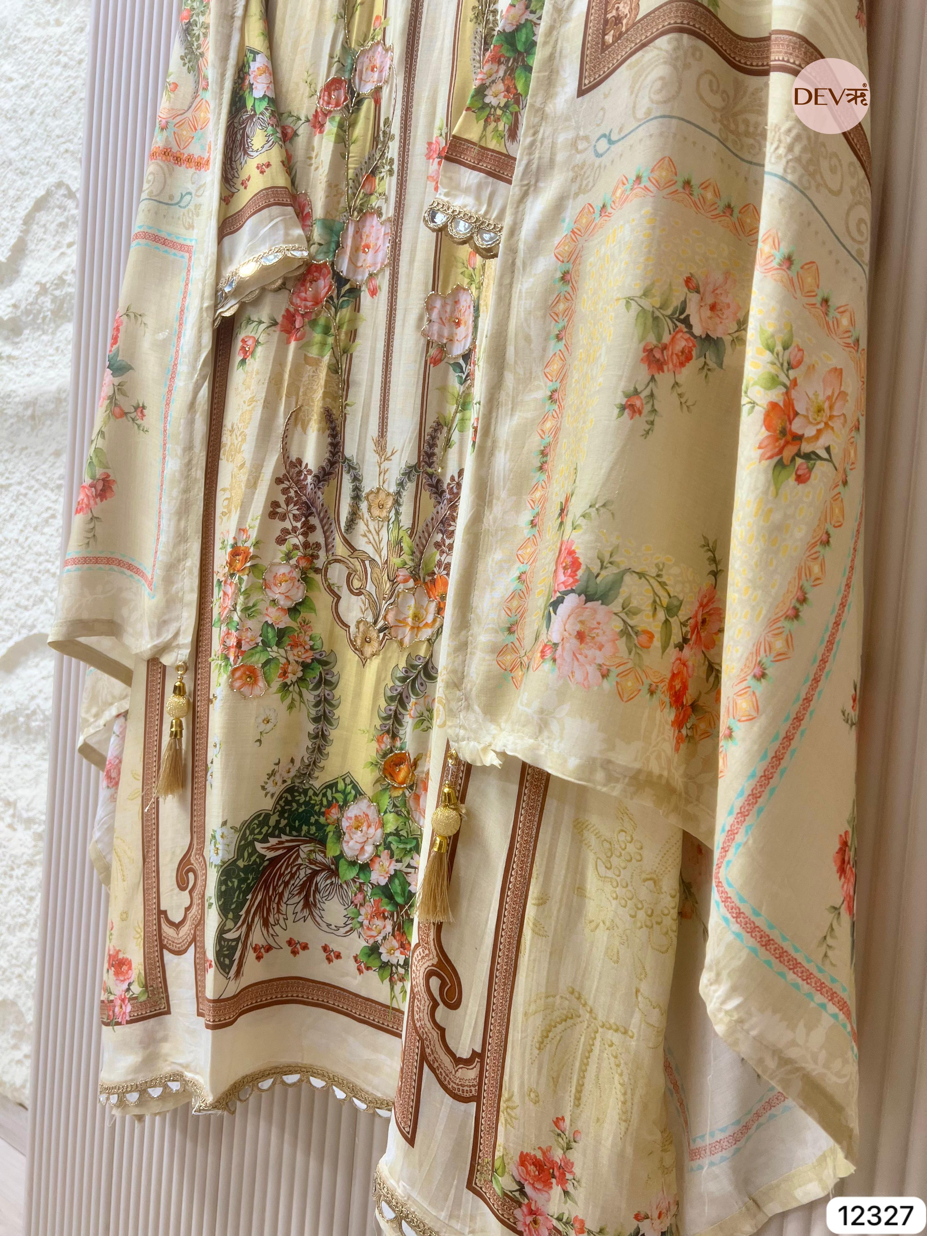 Soft Cream Muslin Printed Unstitched 3-Piece Suit (Devri – D.No 12327)