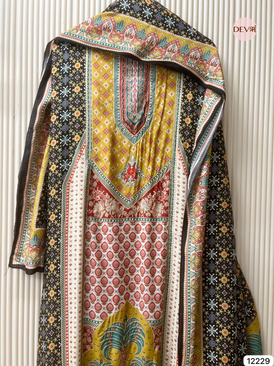 Multicolour Pure Muslin Printed Unstitched 3-Piece Suit (Devri – D.No 12229)