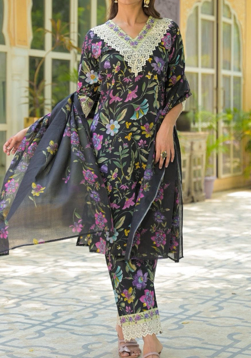 Black Cotton Stitched Printed Ready-Mades -Set Of 3 {8944}