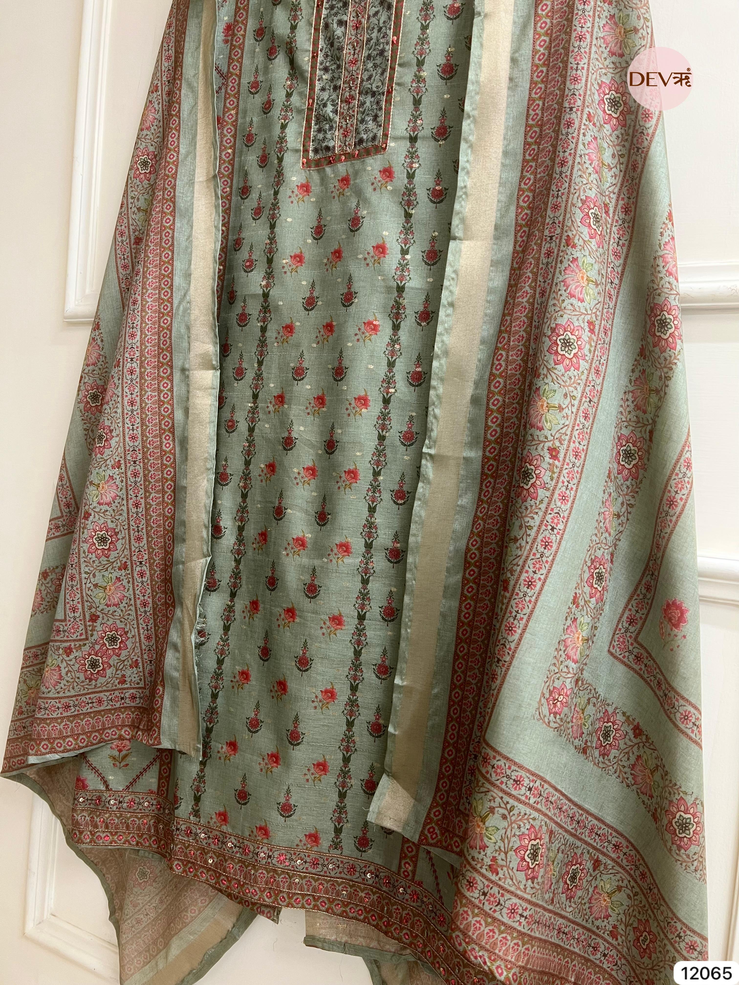 Green Raw Handloom Silk Unstitched Designer Printed With Hand Embroidery -Set Of 3 - {12065}