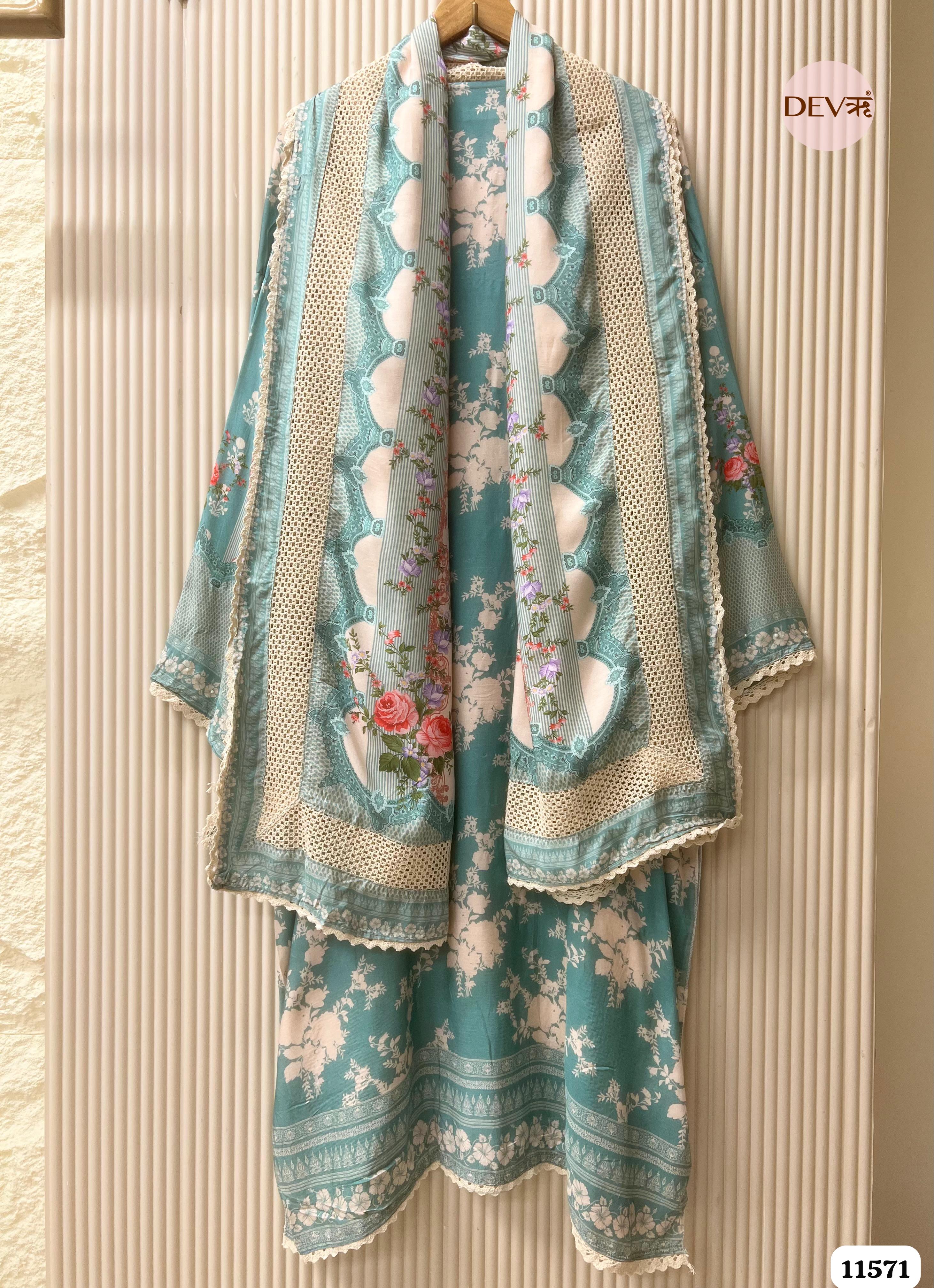 Green Muslin Printed Semi Stitched Hand Embroidered -Set Of 3 {11571}
