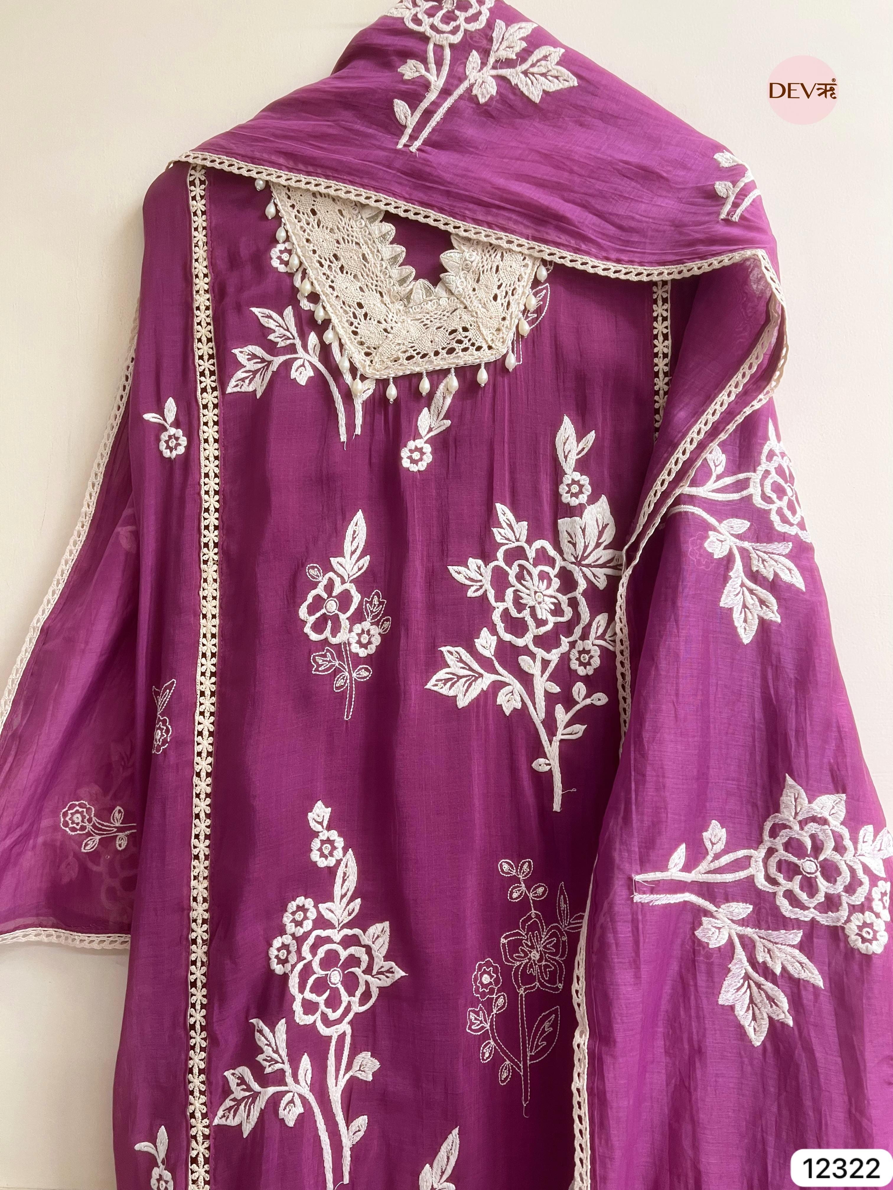 Royal Plum Mul Chanderi Embroidered Unstitched 3-Piece Suit (Devri – D.No 12322)