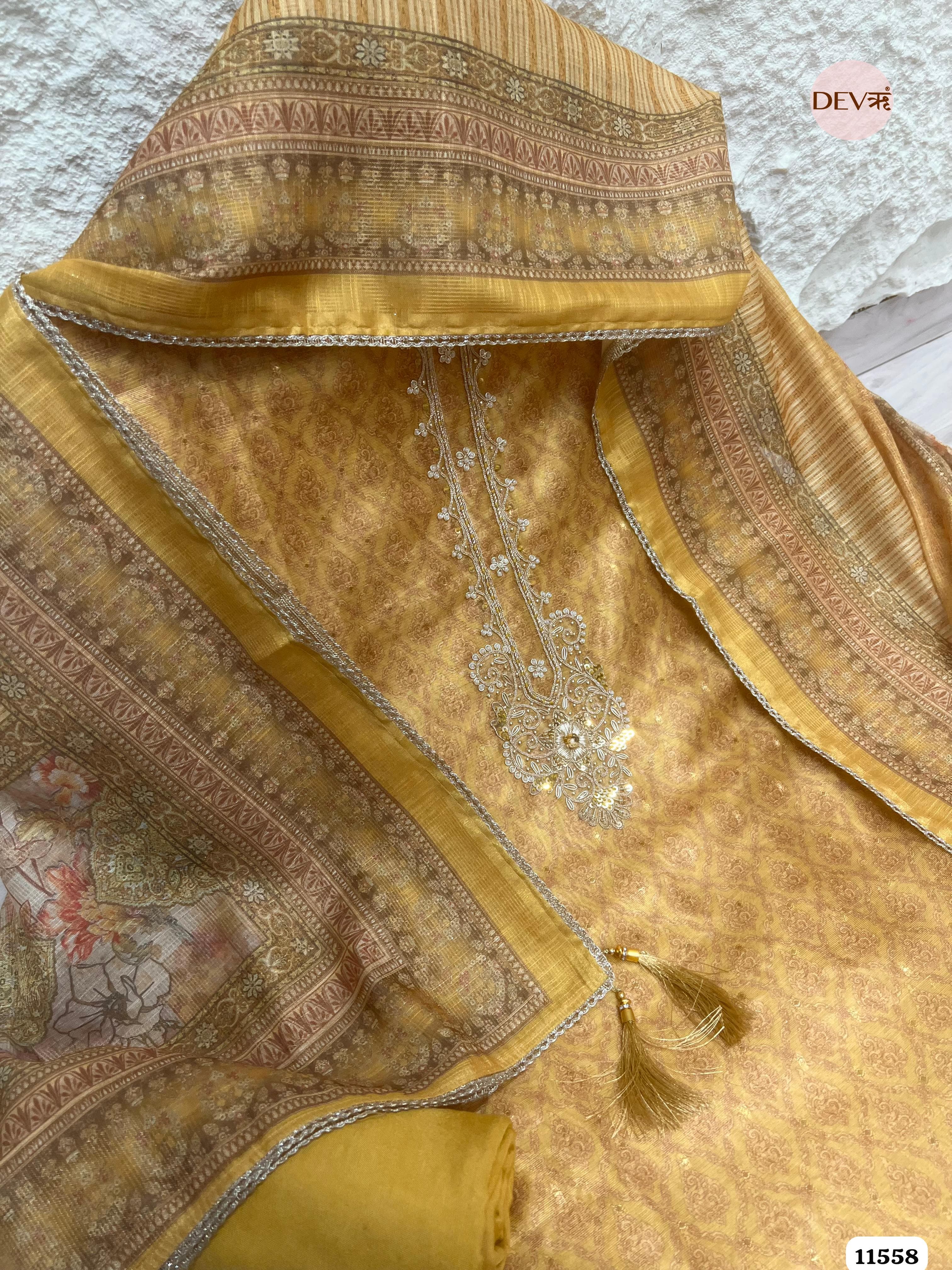 yellow/golden Pure Dola Silk Unstitched Printed Hand Embroidered -Set Of 3 {11558}