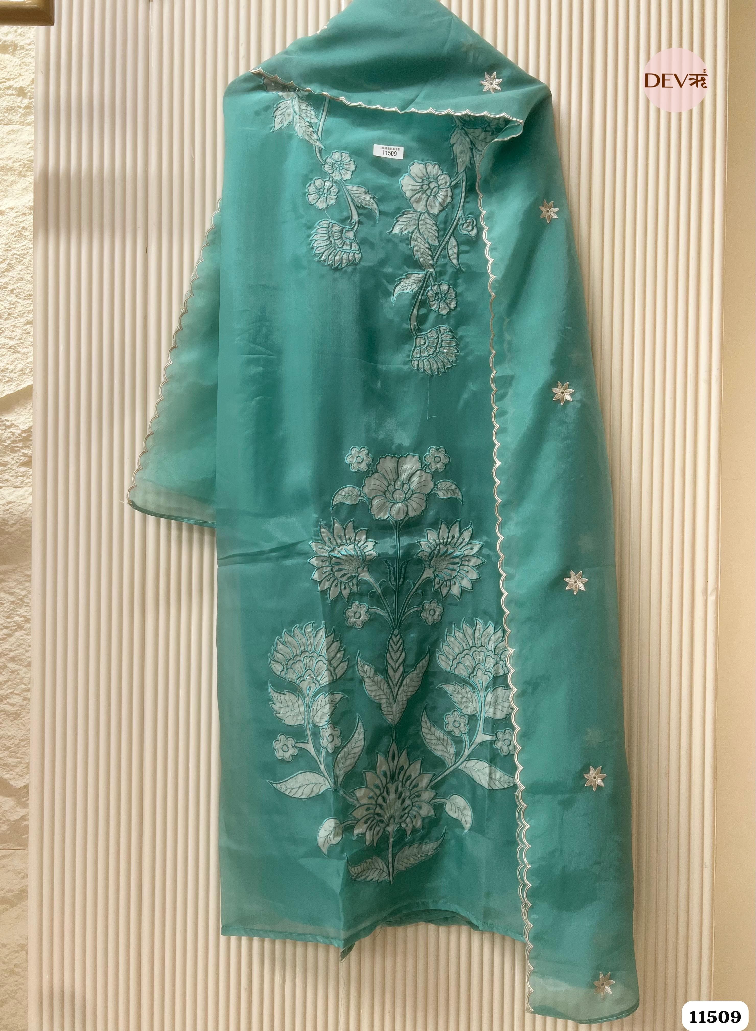 Green Organza silk Unstitched Embroidered -Set Of 3 {11509}