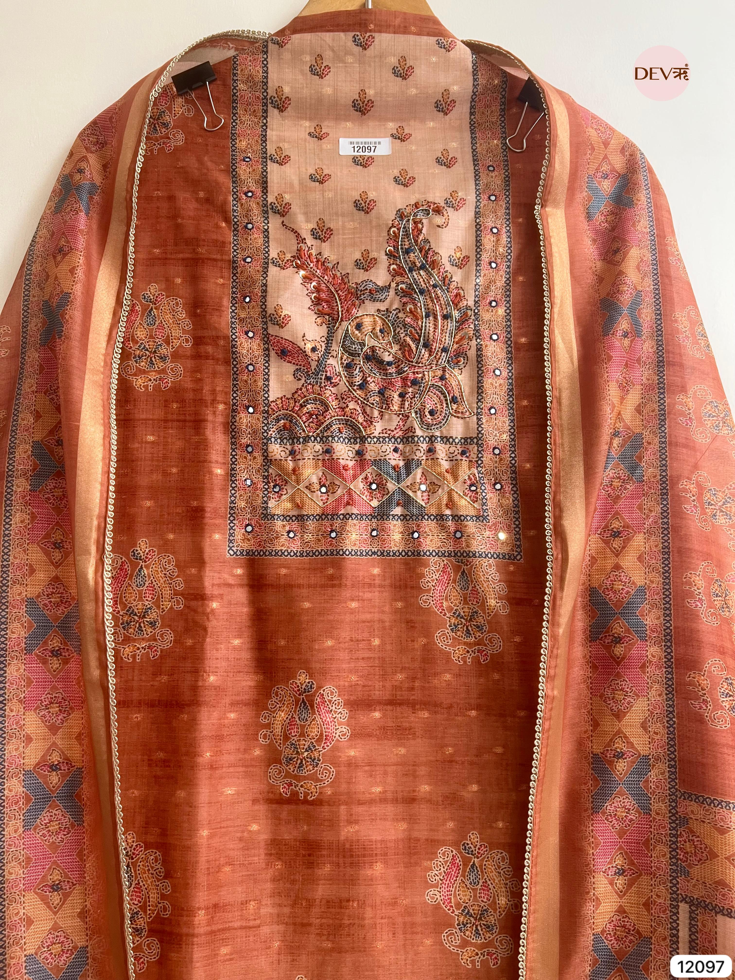 Rust Tisser Khadi Silk Printed Unstitched Hand Embroidered -Set Of 3 - {12097}