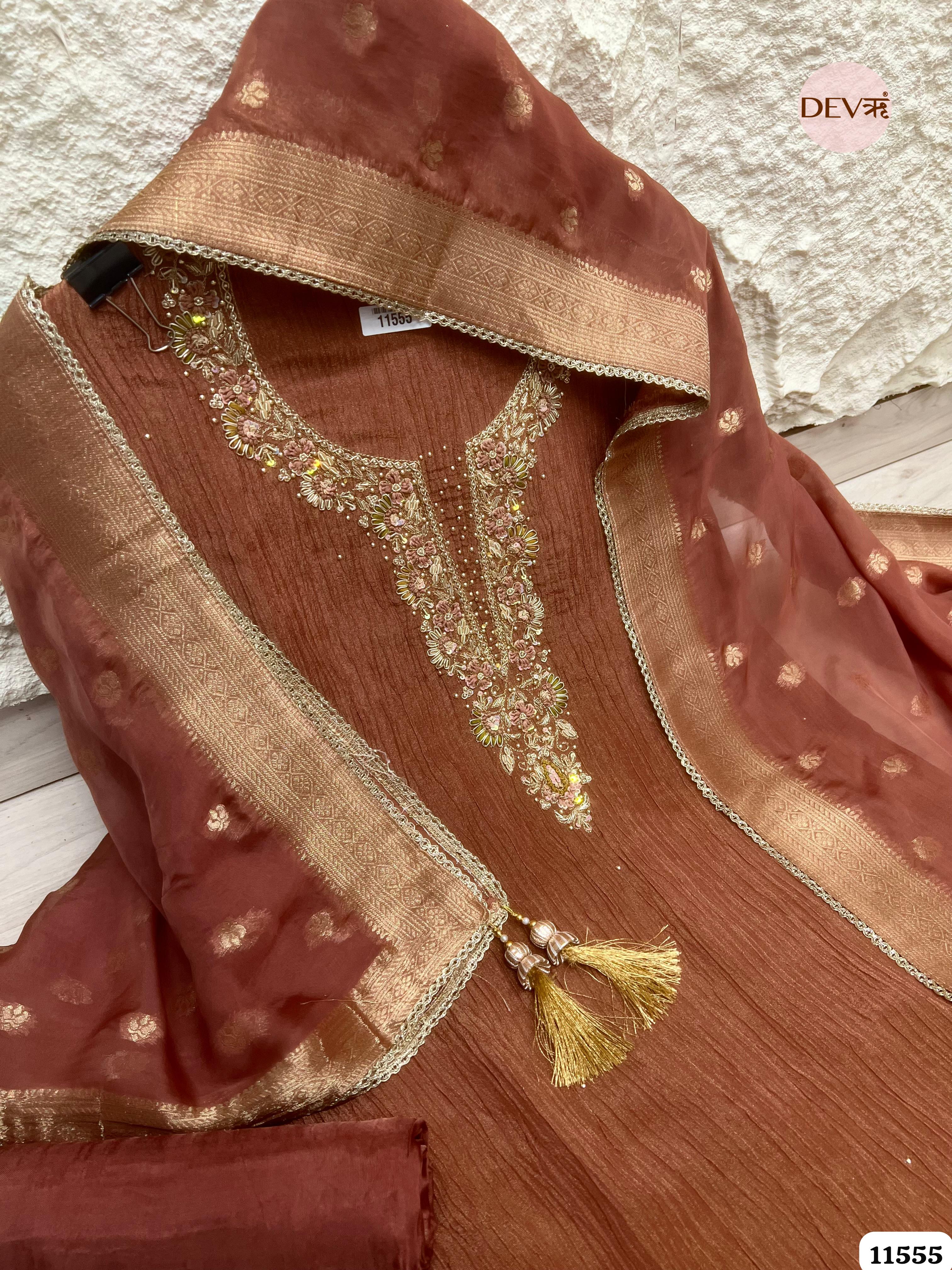 Reddish-Brown Pure Tissue Crush Silk Unstitched Hand Embroidered -Set Of 3 {11555}