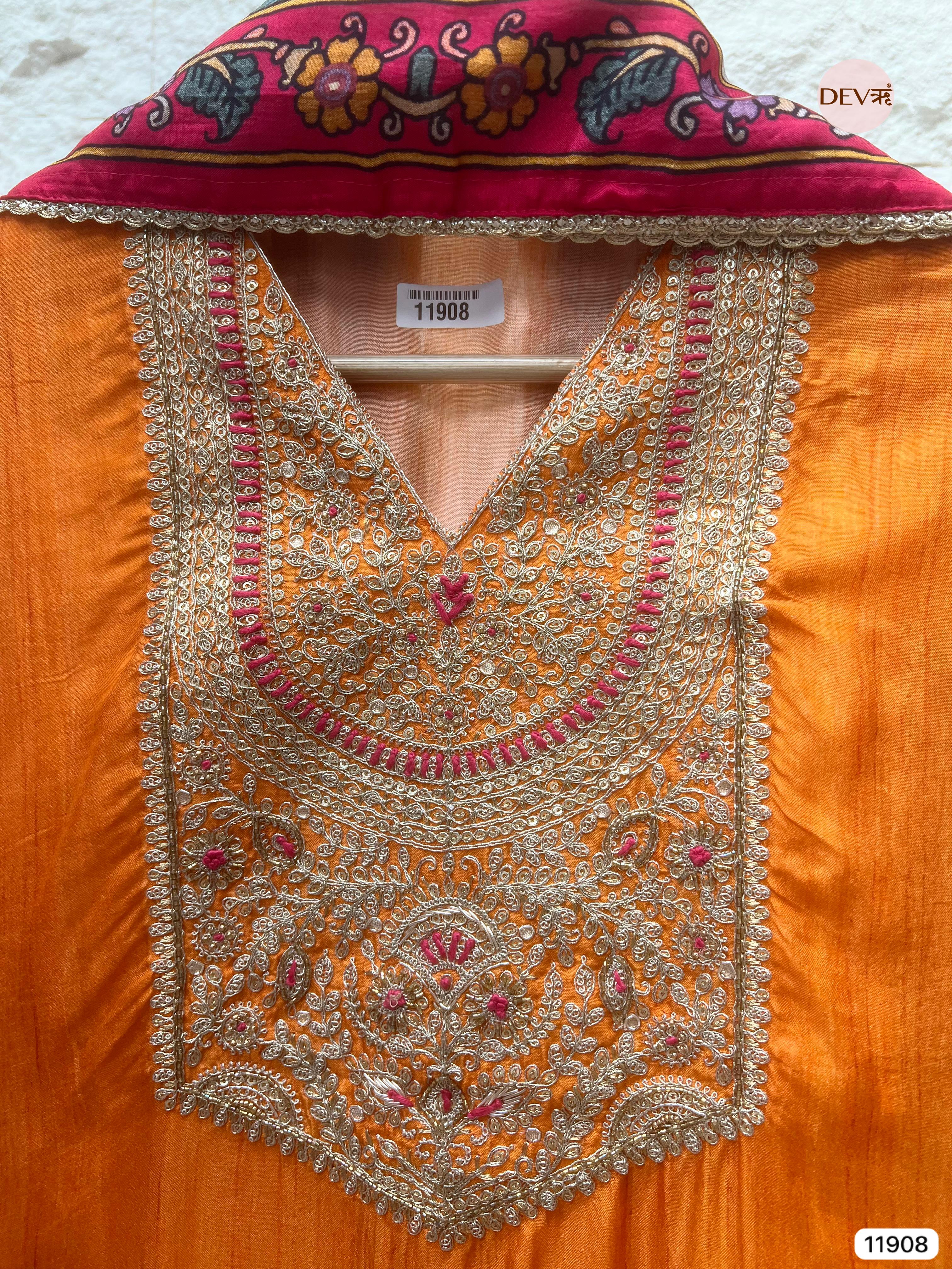 Orange Russian Silk Unstitched Embroidered -Set Of 3 - {11908}