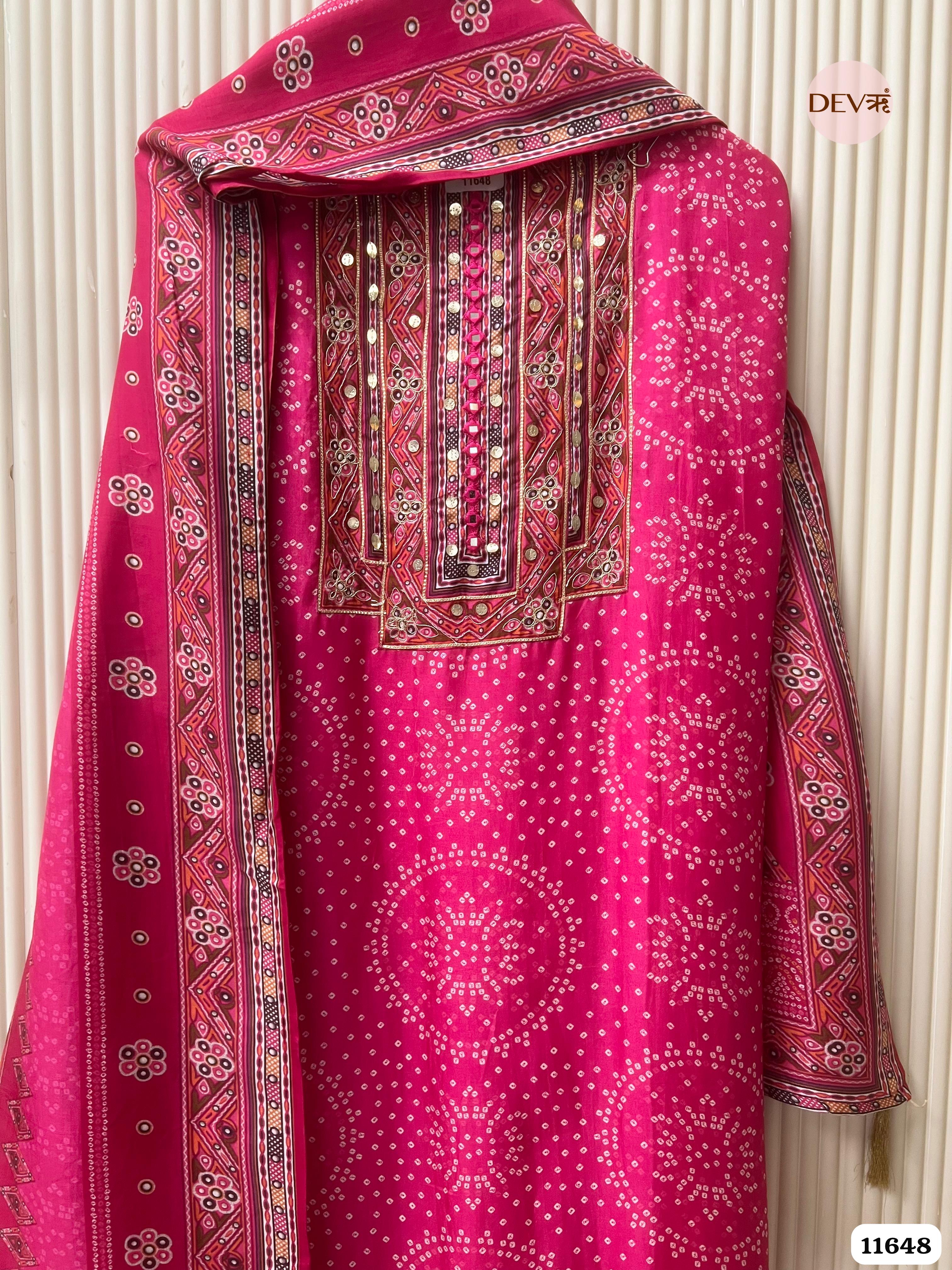 Pink Russian Silk Printed Unstitched Hand Embroidered -Set Of 3 {11648}